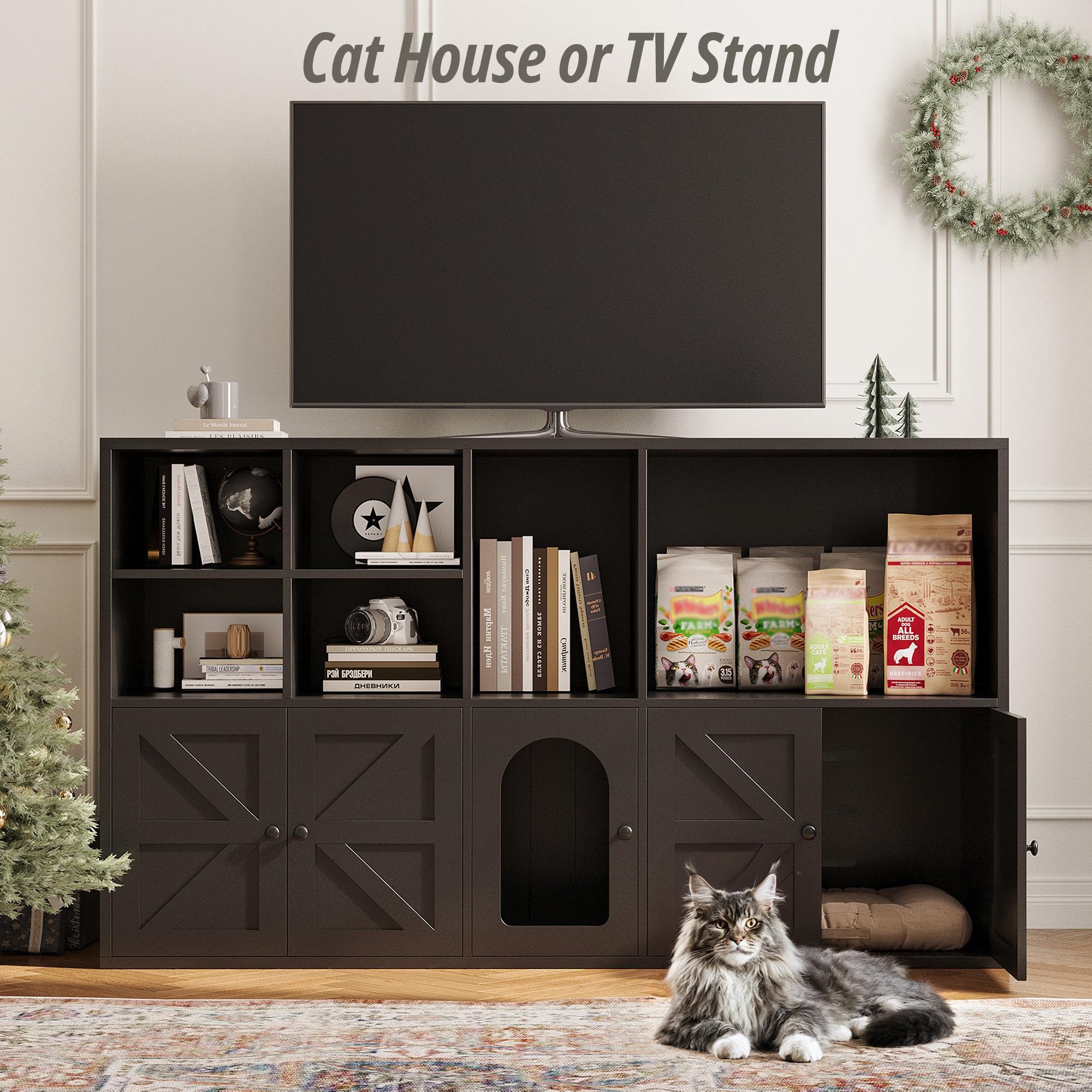 IRONCK Wooden Cat Litter Box Enclosure Furniture for 2 Cats - Double Room Hidden Litter Box with Large Storage Space, Cat Washroom House (Black) - Perfect for Home, Apartment & Multi-Cat Households