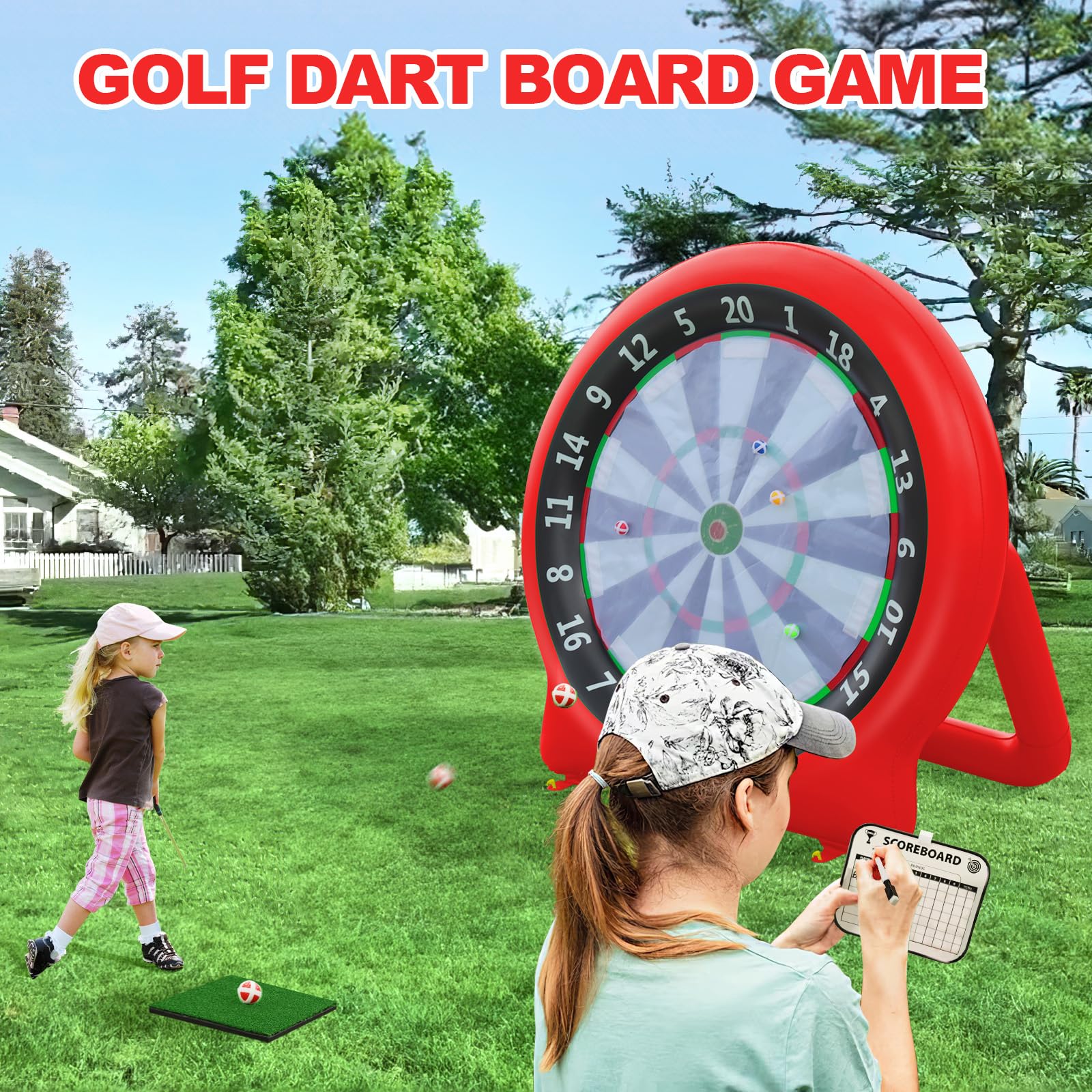 6ft Giant Inflatable Dart Board with Air Pump - Outdoor & Indoor Soccer Kick Dartboard for Kids & Adults - Waterproof Yard Game Includes 20 Golf Balls, 4 Sticky Balls, 2 Soccer Balls - Perfect for Backyard Parties, Family Gatherings & Outdoor Sports Activities