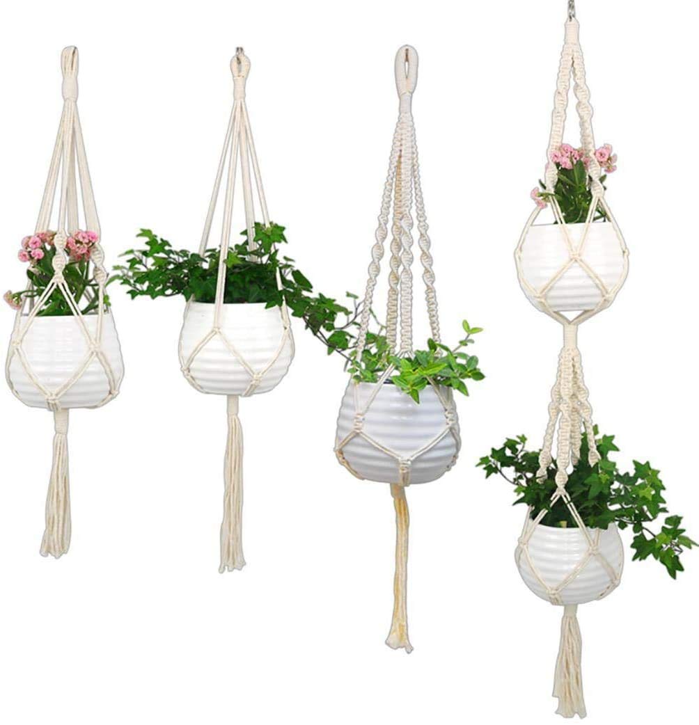 Set of 4 Hand-Woven Indoor Hanging Planters - Macrame Plant Hangers for Home Decor, Wall & Ceiling Flower Pots (4pcs) - Perfect for Living Room, Bedroom, Balcony & Office Decorations