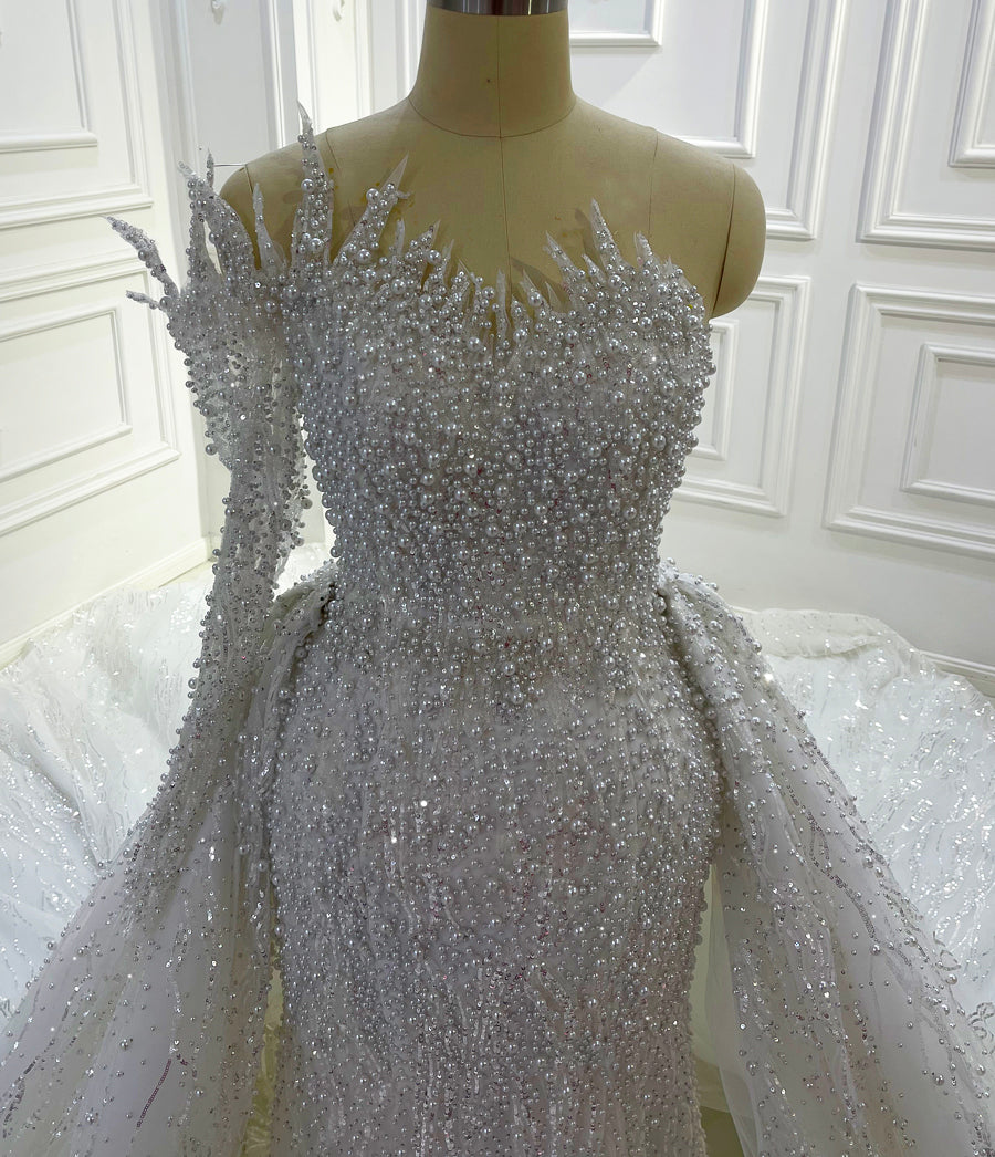 Elegant One Shoulder Lace 2-in-1 Wedding Dress AM1115 | Bridal Gown for Beach, Church & Outdoor Ceremonies