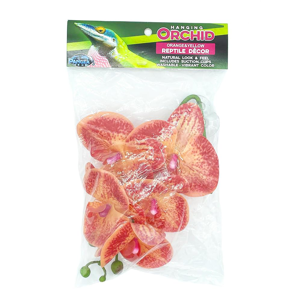 Pangea Reptile Hanging Orchid - Artificial Terrarium Plants for Reptile Habitat Decor (Orange & Yellow) | Perfect for Bearded Dragon Tanks, Gecko Enclosures & Vivarium Setups