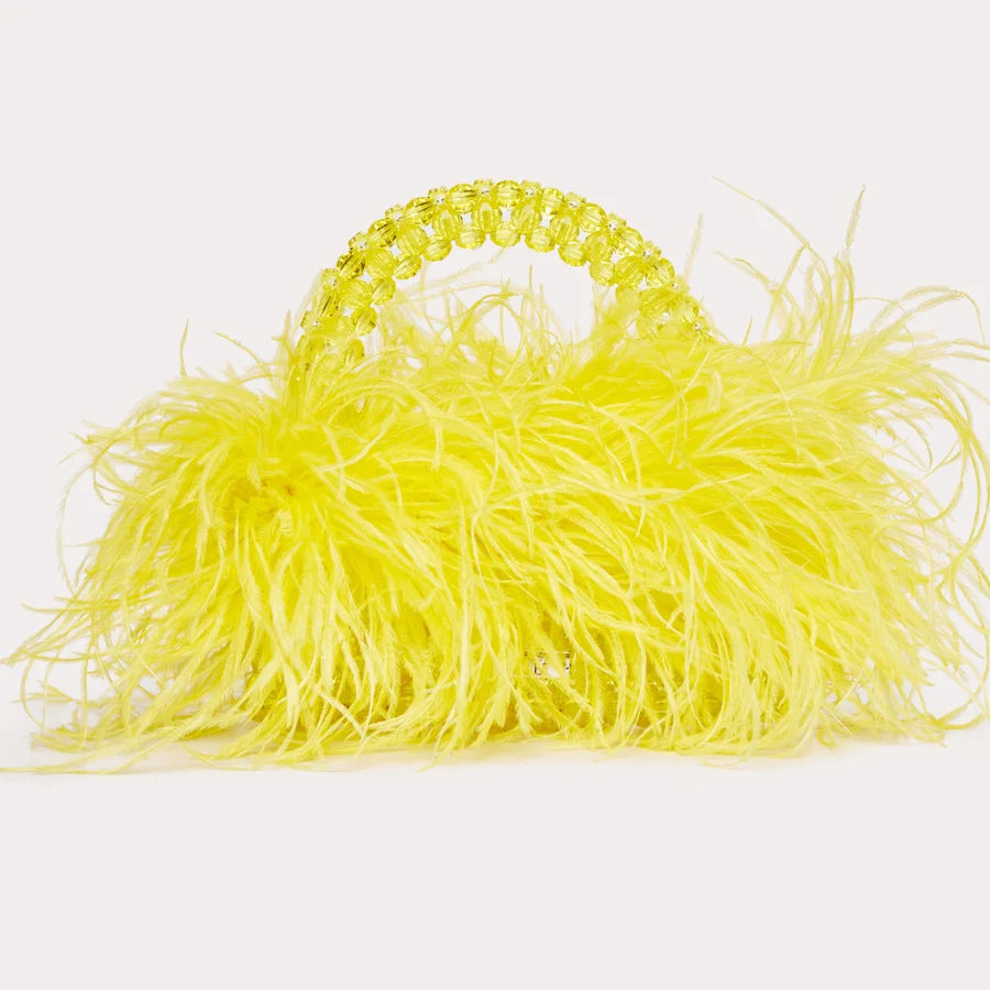 Handmade Designer Pearl Bead Bag with Feather Fur Trim - Elegant Acrylic Crystal Stone Evening Tote Clutch for Women | Perfect for Parties, Weddings & Special Occasions