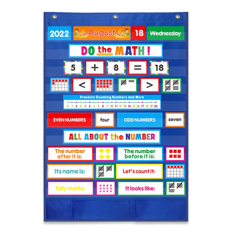 Mewise Calendar Math Pocket Chart - Classroom Learning Tool for Daily Math Activities, Counting & Number Recognition - Blue Educational Pocket Chart for Kids & Teachers | Perfect for Homeschool, Preschool & Elementary School Math Lessons