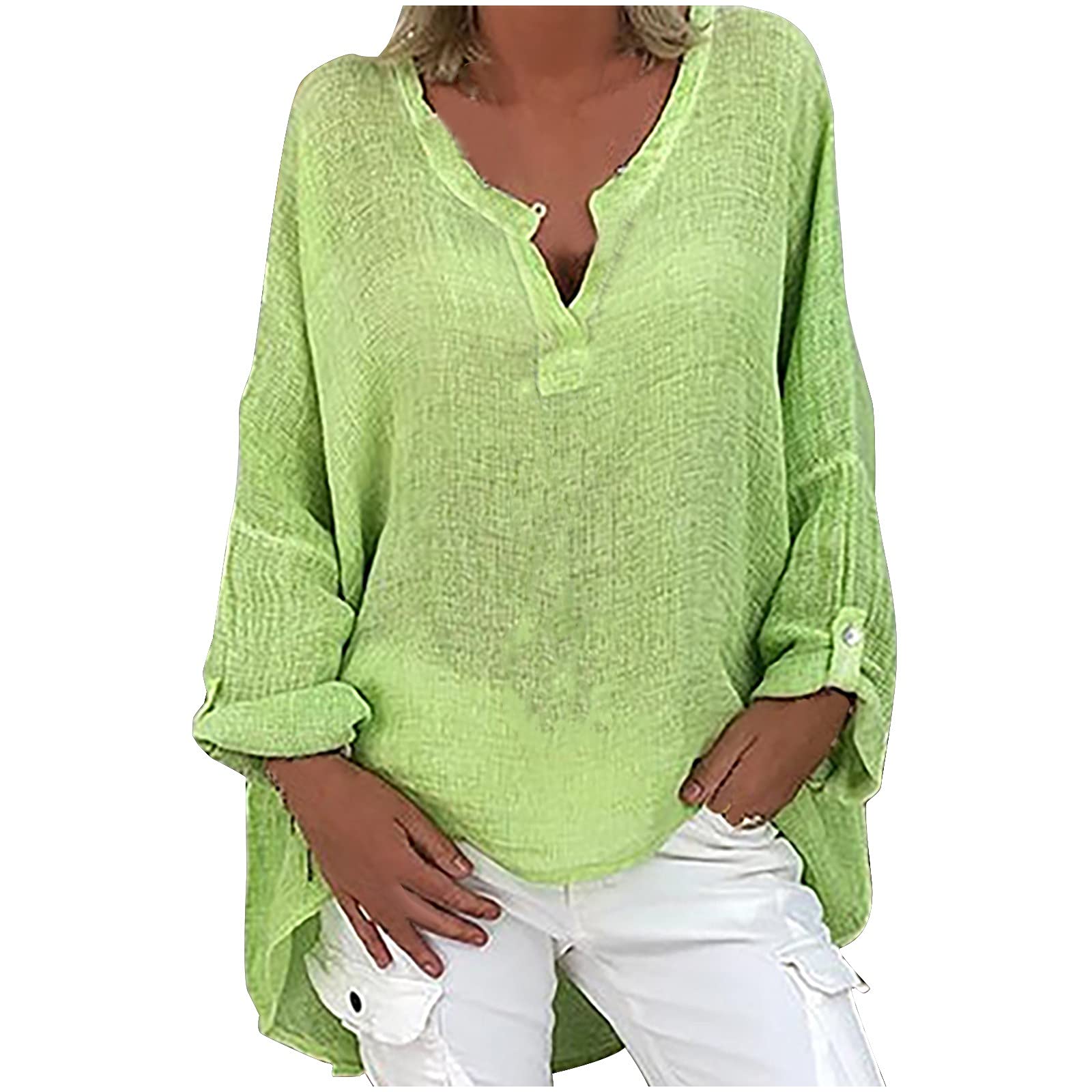 Plus Size Women's Summer Casual Tunic Tops - Cute Printed Loose V-Neck Linen Blouse for Boho Style | Perfect for Beach Outings, Vacation Wear & Everyday Comfort