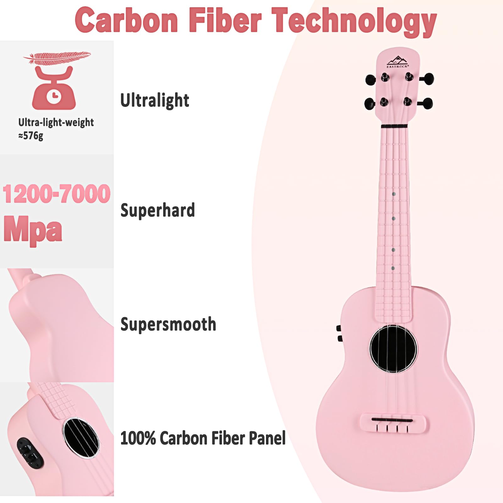 EASTROCK 23 Inch Carbon Fiber Electric Concert Ukulele Kit - Professional Ukelele for Kids, Students & Adults with Case, Strap, Capo & Strings (Pink) | Perfect for Beginners, Live Performances & Music Practice
