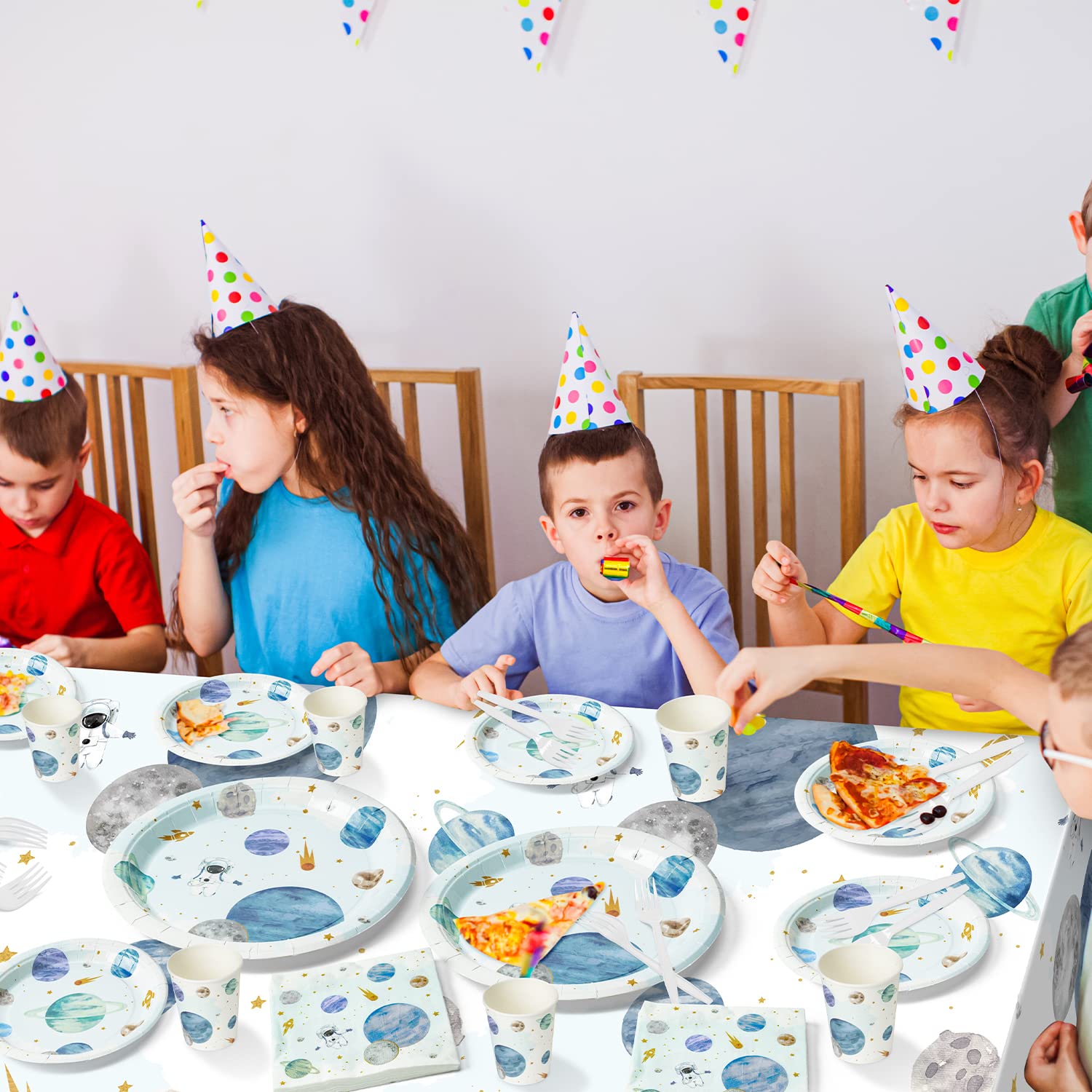 WATINC 170pcs Outer Space Birthday Party Supplies - Solar System Themed Tableware Set with Plates, Napkins, Forks, Cups, Spoons, Knives & Tablecloths for First Trip Around the Sun Celebration | Perfect for Kids Space Themed Birthday Parties, Baby Showers & Cosmic Decorations