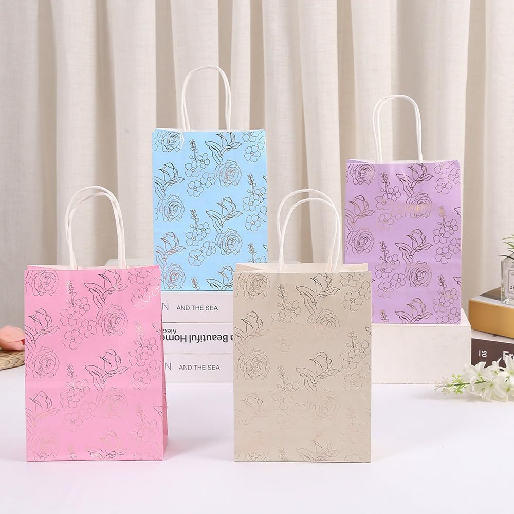 Satyam Kraft 4-Piece Golden Border Floral Print Gift Bags with Handles - Elegant Paper Gift Bags for Christmas, Birthday, Wedding, Party & Seasonal Greetings (Large Size) - Perfect for Holiday Gifting, Return Gifts & Special Occasions