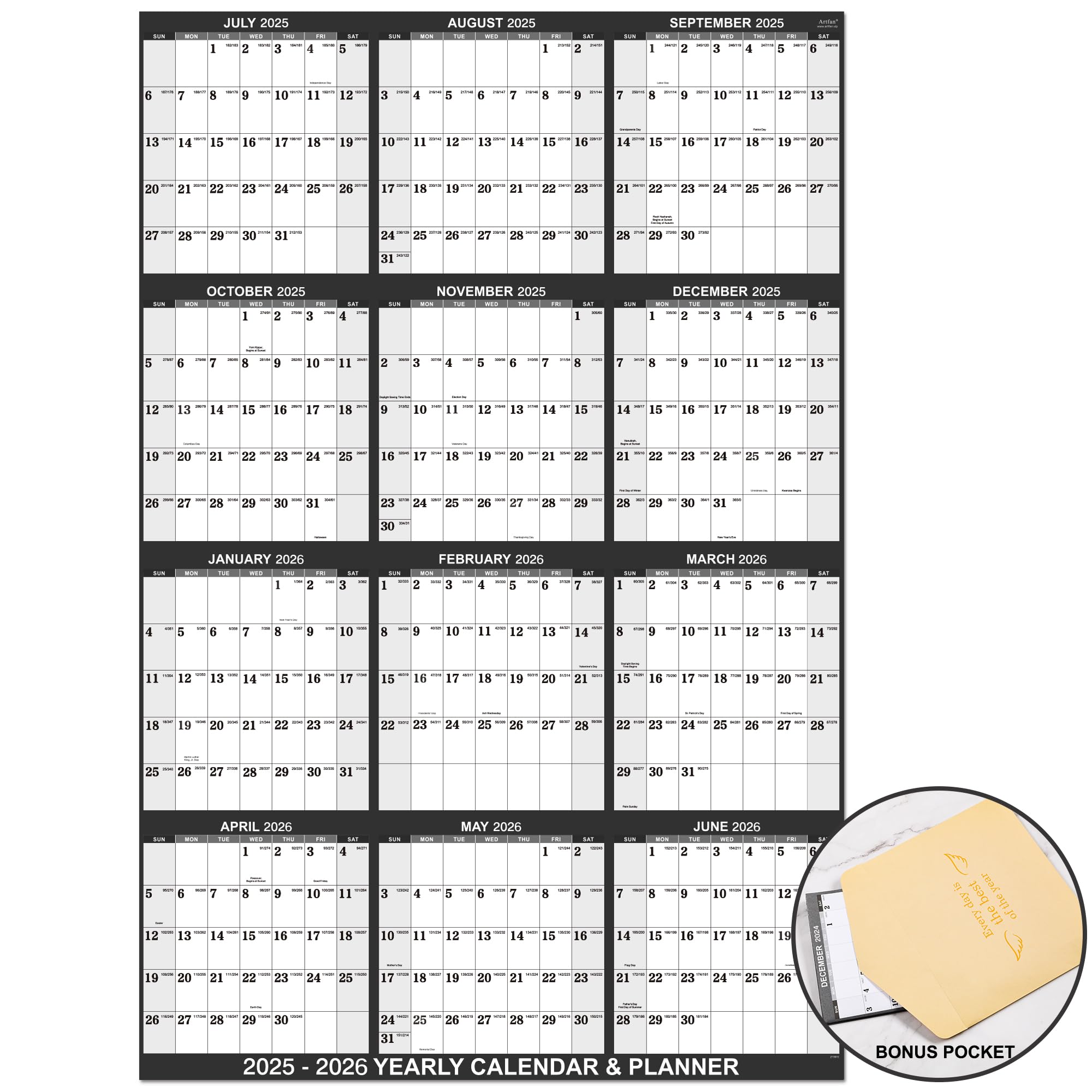 2025-2026 Yearly Wall Calendar with Julian Dates | July 2025-June 2026 | Thick Paper Vertical Hanging Calendar | 22.8