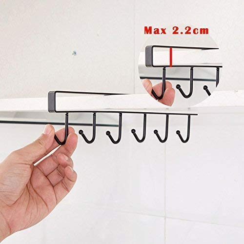 LVZGR Under Shelf Coffee Mug Holder - 6 Hook Metal Rack Organizer for Kitchen Counter, Cabinet & Table - Space Saving Storage Solution for Cups, Mugs & Utensils (Black) - Perfect for Small Kitchens, Office Break Rooms & Dorm Organization