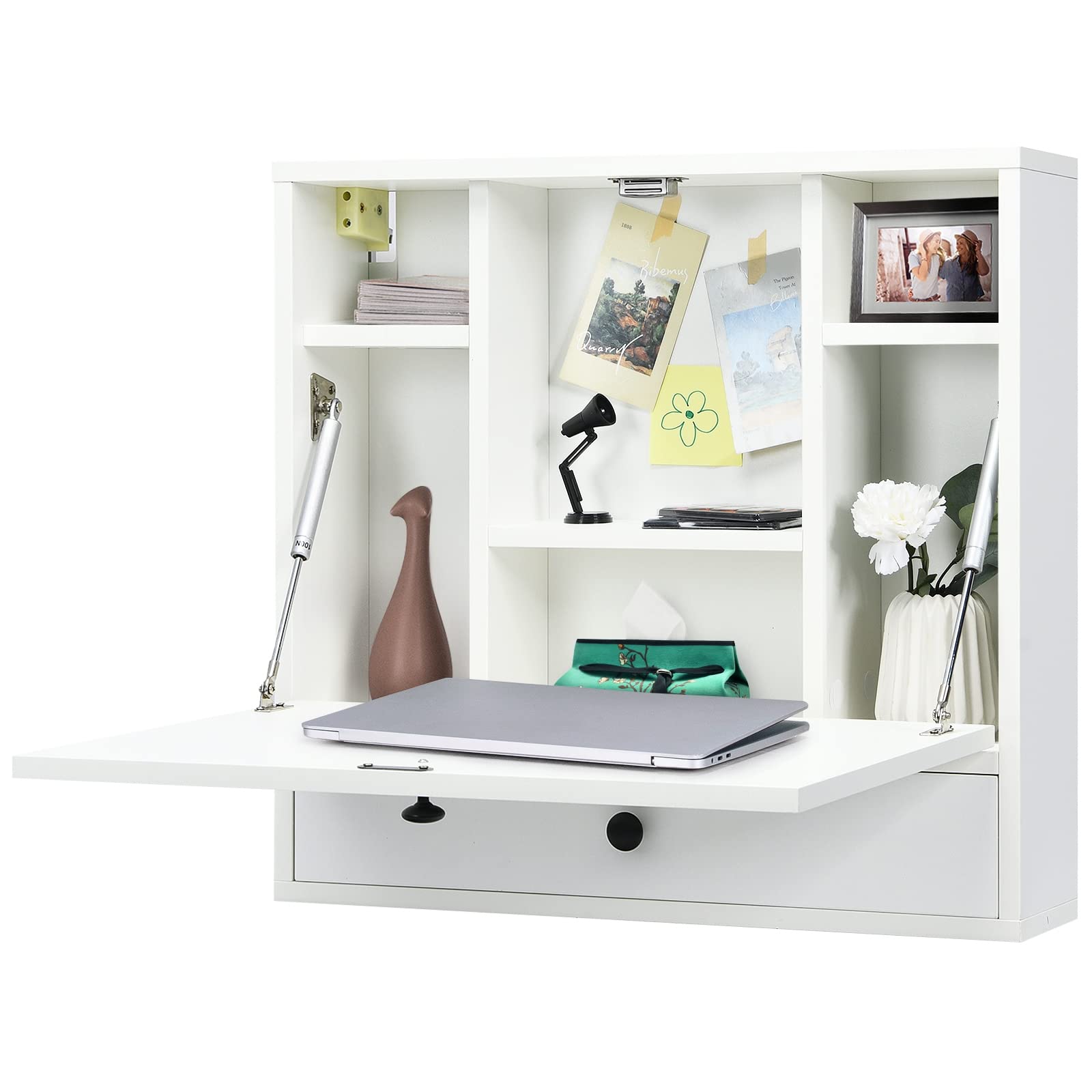 Wall Mounted Floating Desk - Foldable Computer Desk with Storage Shelves & Drawer, Space Saving Wall-Mounted Writing Desk for Small Spaces | Perfect for Home Office, Dorm Room & Studio (White)