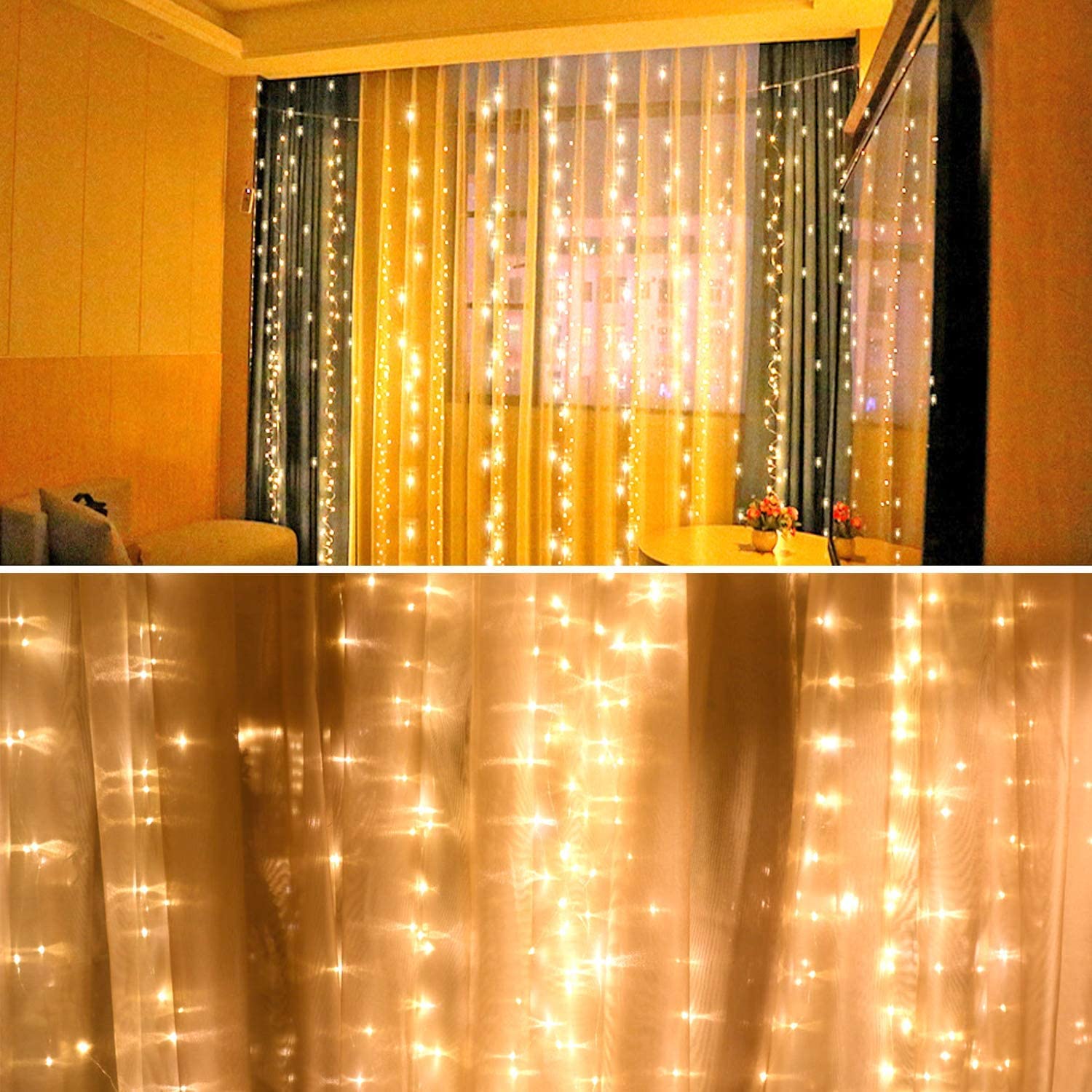 300 LED Fairy String Lights - 8 Lighting Modes USB Powered Curtain Lights for Christmas, Bedroom, Wedding & Party Decor - 9.8ft x 9.8ft Warm White - Perfect for Indoor/Outdoor Home Garden Decoration