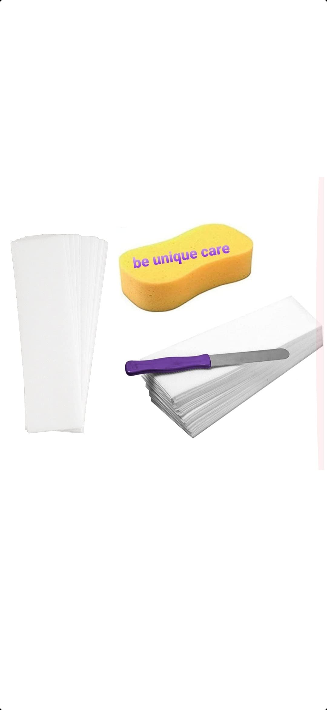 Be Unique Care Wax Strips for Women - 140 Face Waxing Strips with Steel Knife Spatula & Cleansing Sponge (3-Piece Combo) - Perfect for Smooth Skin at Home or Salon