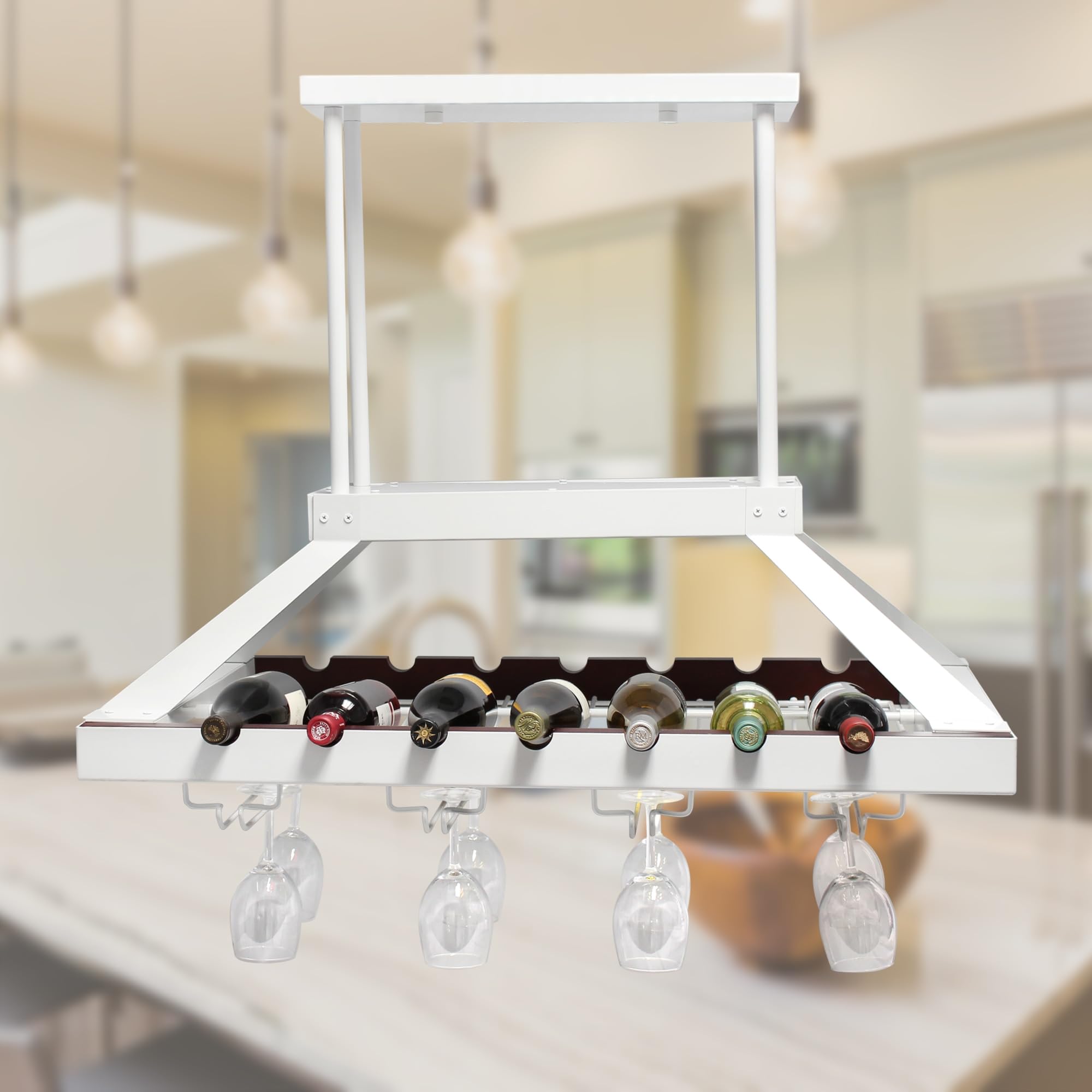 Elegant WR1000-WHT Modern Kitchen LED Pendant Light with Wine Rack - Overhead Island Chandelier for Bottle & Glass Storage Display (White) - Perfect for Dining Room, Bar, and Home Decor Lighting