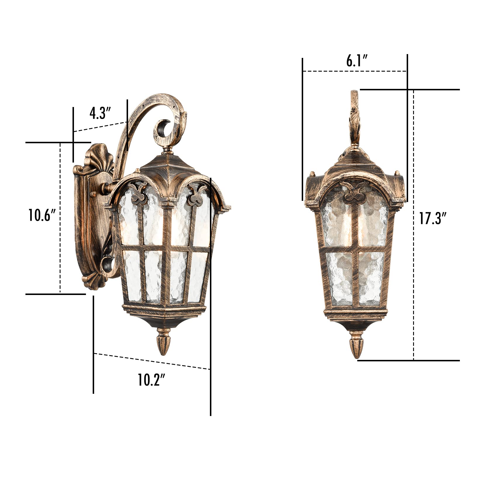 YUBOLE Outdoor Wall Lights - Hammered Texture Glass Exterior Wall Lantern for Front Porch, Patio, Garage - Weather Resistant Antique Brass - Perfect for Entryway Lighting & Backyard Decor