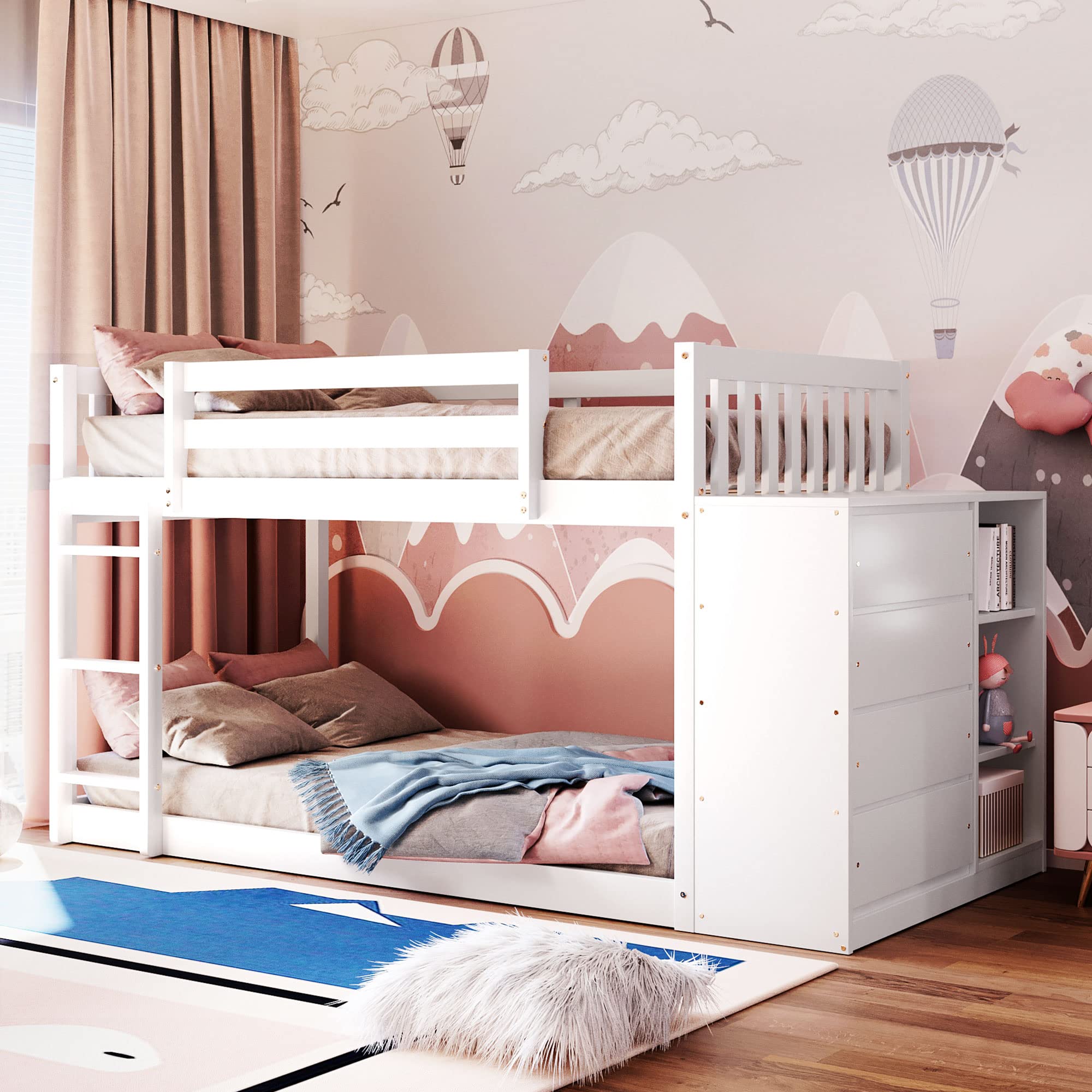 MERITLINE Twin Over Twin Bunk Bed with Storage - Low Bunk Bed Frame with 4 Drawers & 3 Shelves - Solid Wood Loft Bed for Kids, Girls & Boys (White) - Perfect for Small Bedrooms, Kids' Rooms & Space-Saving Solutions