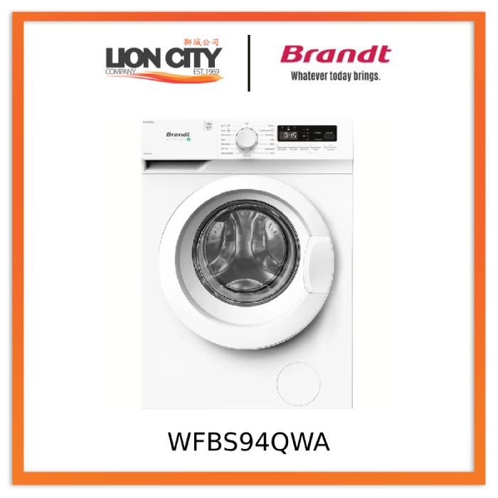 Brandt WFBS94QWA 9kg Front Load Washing Machine - Energy Efficient, Quiet Operation for Apartments & Small Homes - Perfect for Laundry Rooms & Compact Spaces