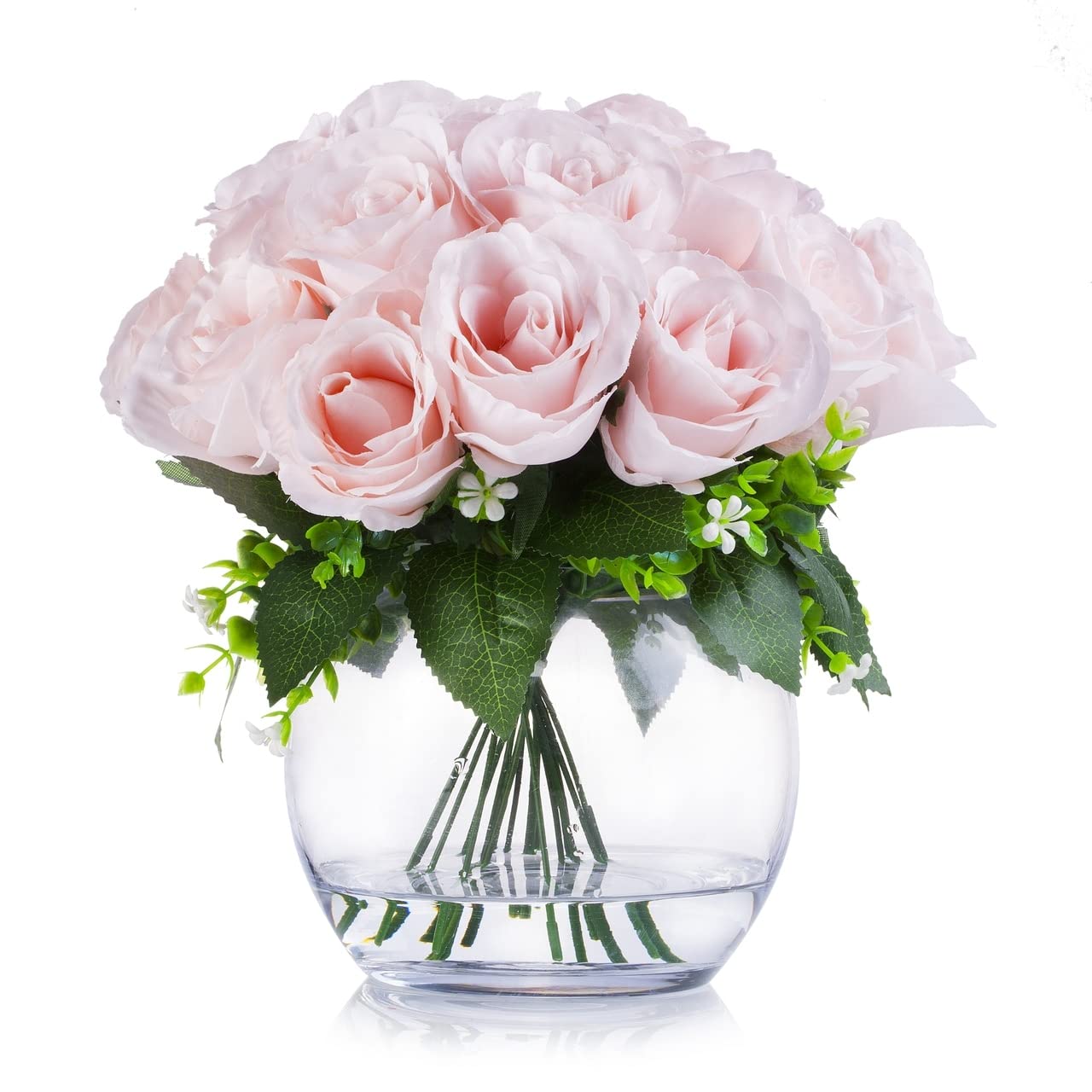 ENOVA HOME Silk Open Rose Flower Arrangement in Round Glass Vase with Faux Water - Elegant Pink Artificial Flowers for Wedding Centerpieces, Home Decor, Party & Table Decoration