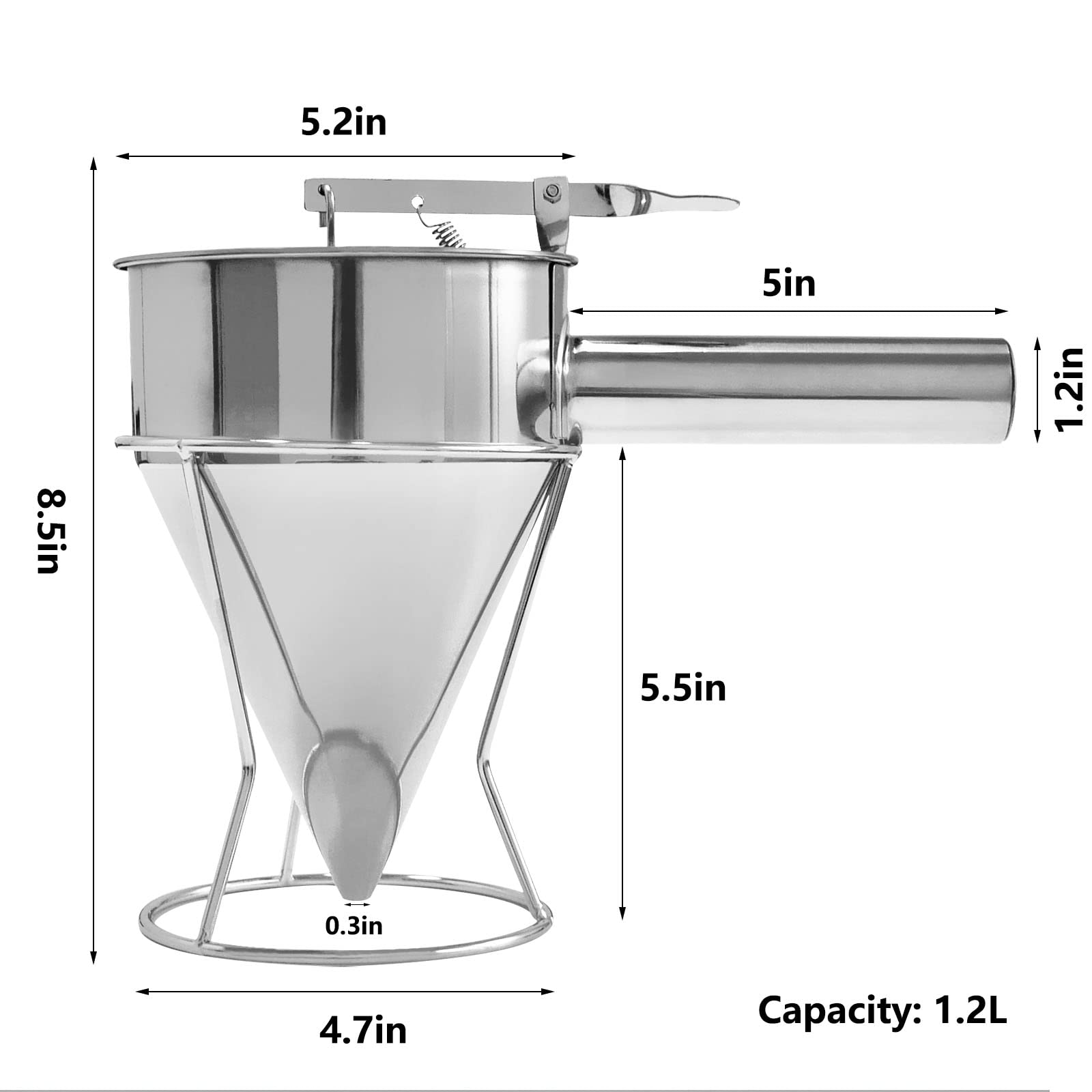 Premium Stainless Steel Pancake Batter Dispenser with Stand - Perfect Kitchen Tool for Pancakes, Waffles, Cupcakes & Crepes - Easy Pour Funnel for Baking Supplies - Ideal for Home Bakeries, Breakfast Restaurants & DIY Cooking Enthusiasts