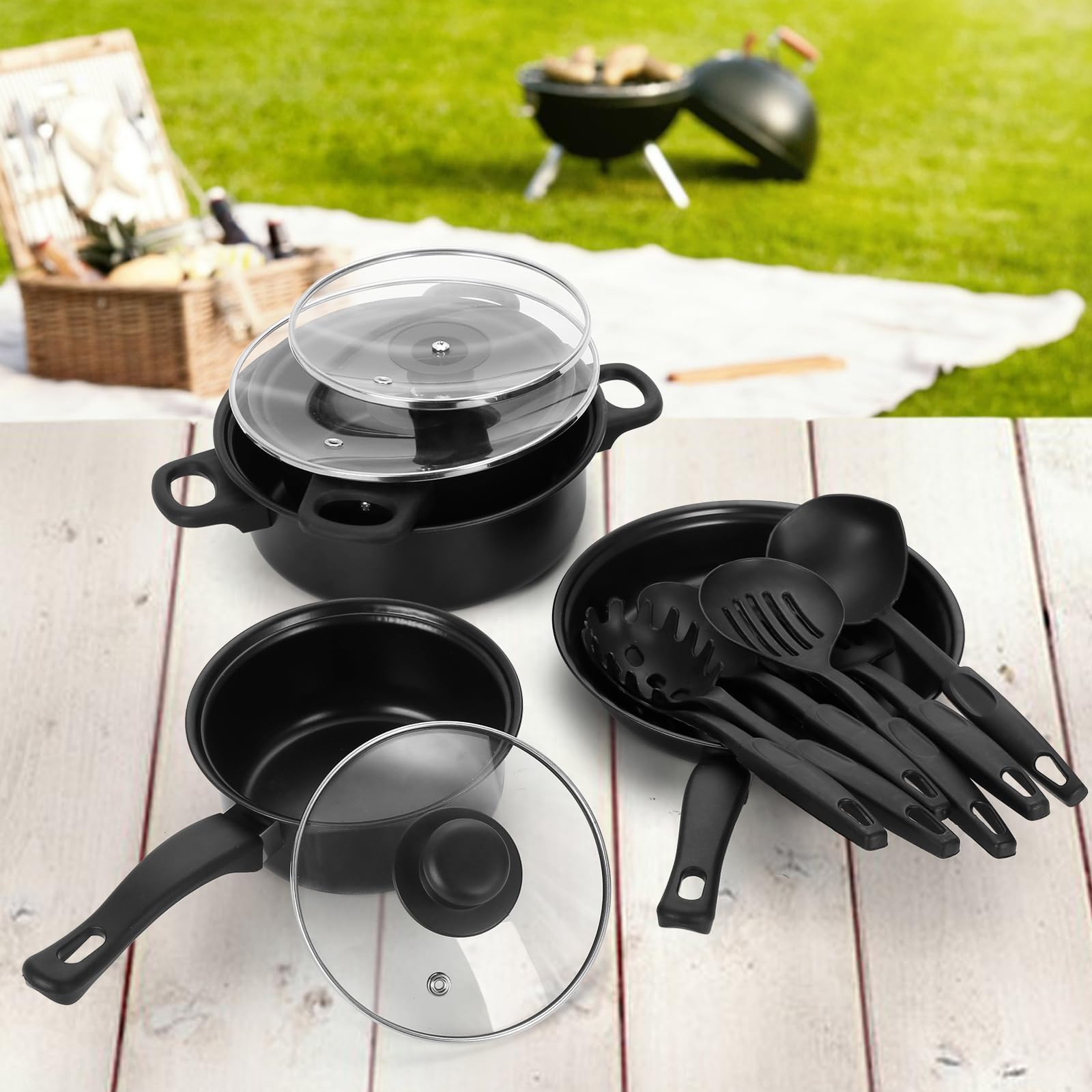 Non-Stick 13-Piece Cookware Set - Lightweight Cast Iron Pots & Pans with Glass Lids & Nylon Utensils for Camping, Picnic, Travel & Outdoor Cooking | Black Durable Kitchen Essentials