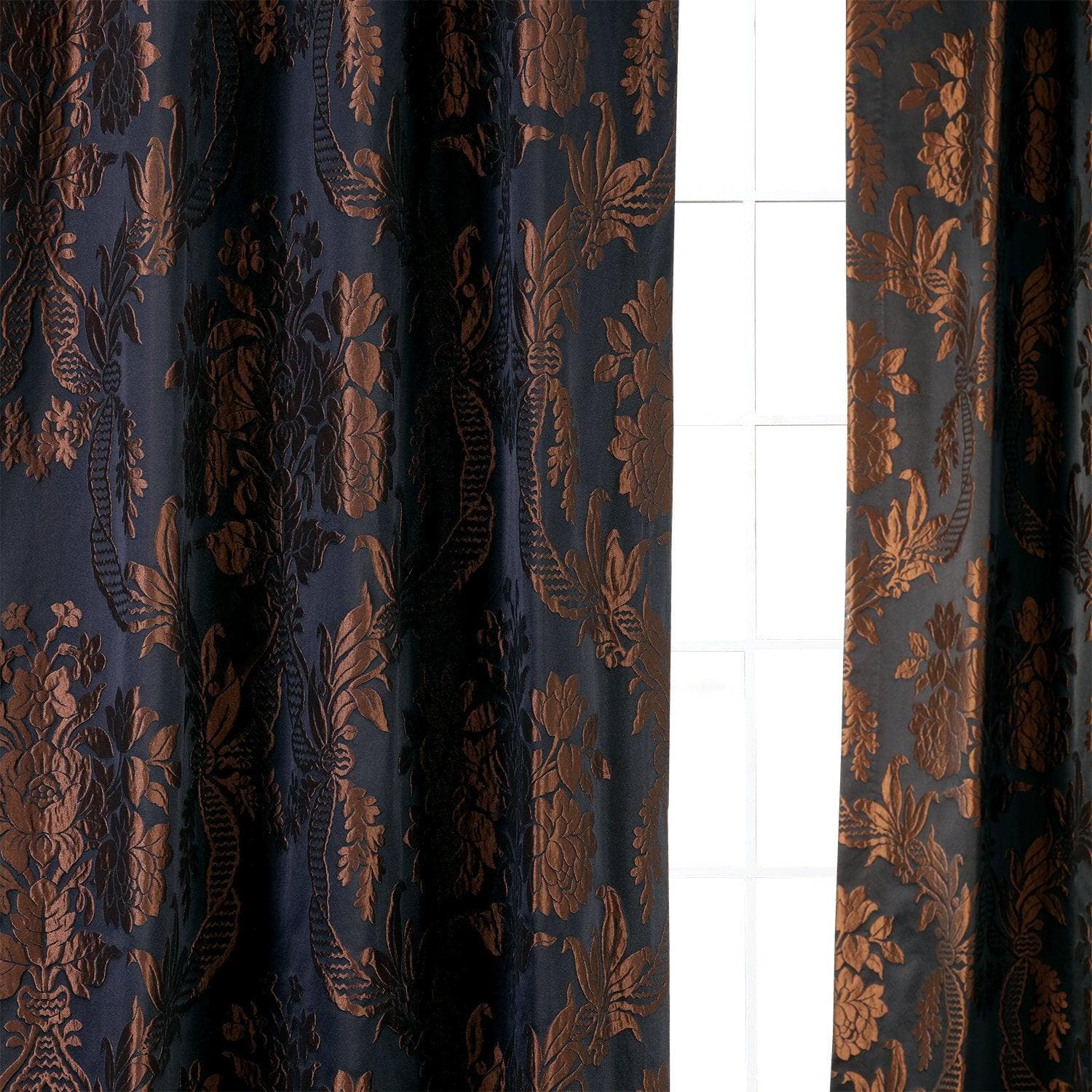 Magdelena Black & Copper Damask Faux Silk Jacquard Blackout Curtains for Bedroom & Living Room - Elegant Light Blocking Window Drapes for Home Decor