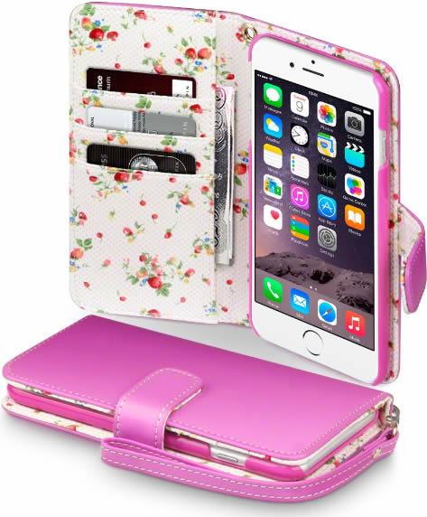 Apple iPhone 6 Plus / 6S Plus Wallet Case with Card Slots - Floral Pink Design for Women, Perfect for Everyday Use & Travel Protection