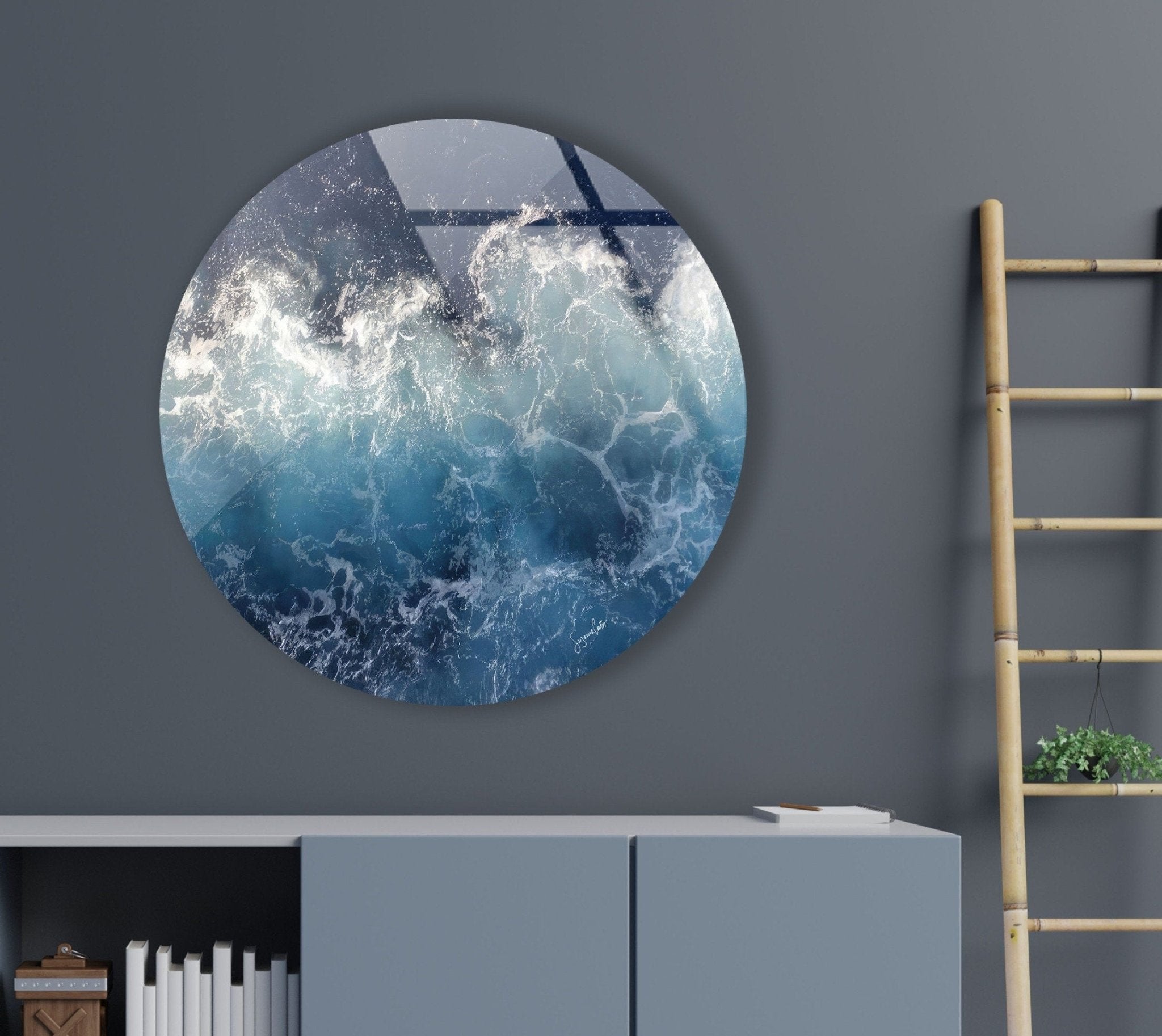 Abstract Round Ocean Waves Glass Wall Art - Coastal Beach Decor for Living Room, Bedroom & Office - Handmade Seascape Mural for Home & Office Decor