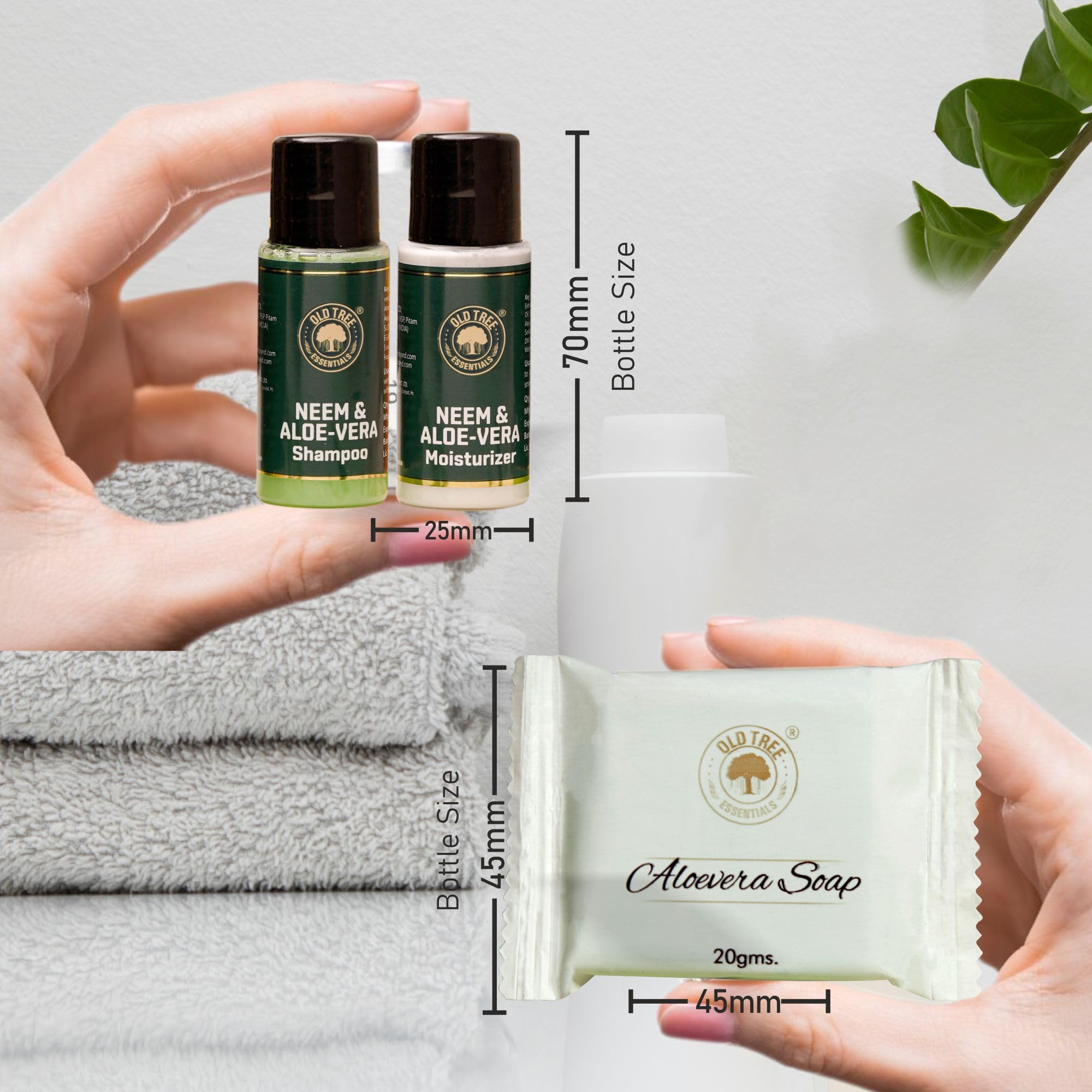 Organic Aloe Vera & Neem Shampoo and Moisturizer Set (20ml each) with Glycerin Soap (20g) - Bulk Hotel Toiletries Kit for Hospitality Industry (50 Sets, 150 Pieces Total) - Perfect for Hotels, Spas, Guest Houses, and Wedding Venues