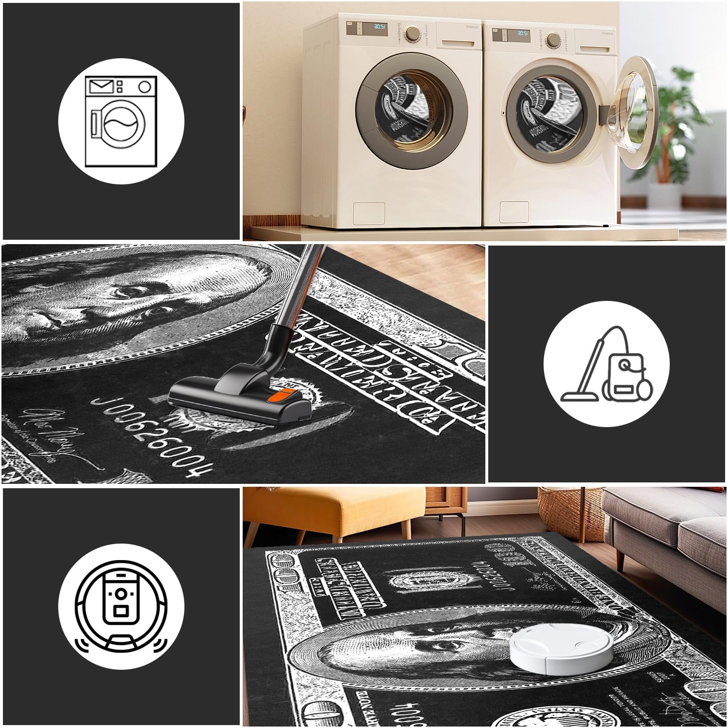 4x6 Non-Slip Dollar Bill Area Rug - Black & White Money Design Washable Carpet for Living Room, Bedroom, Office & Dining Room | Modern Decor for Men's Space (47x71 Inches) | Perfect for Home Decor, Gifts & Themed Parties