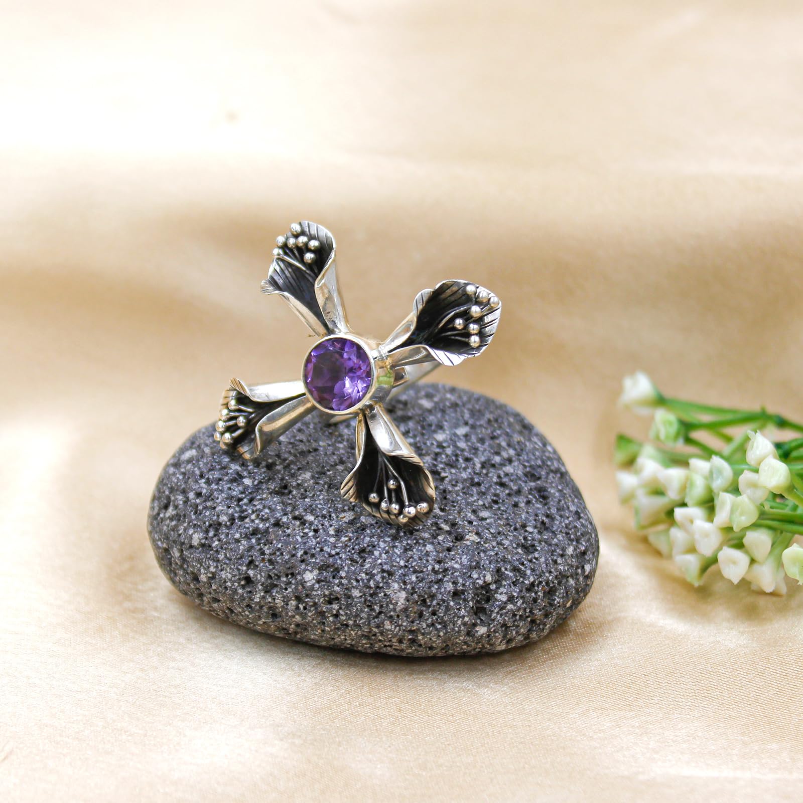925 Sterling Silver Amethyst Flower Ring - Handmade Purple Gemstone Jewelry for Women, Gifts, Anniversary & Wedding | Perfect for Parties, Date Nights & Special Occasions