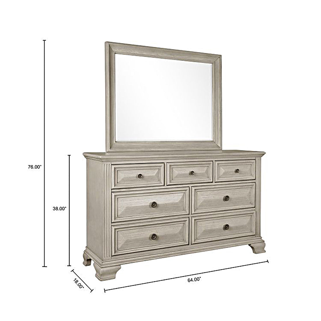 Renova Distressed Parchment 7-Drawer Dresser with Mirror - Vintage Style Bedroom Furniture for Master Bedroom & Guest Room Organization