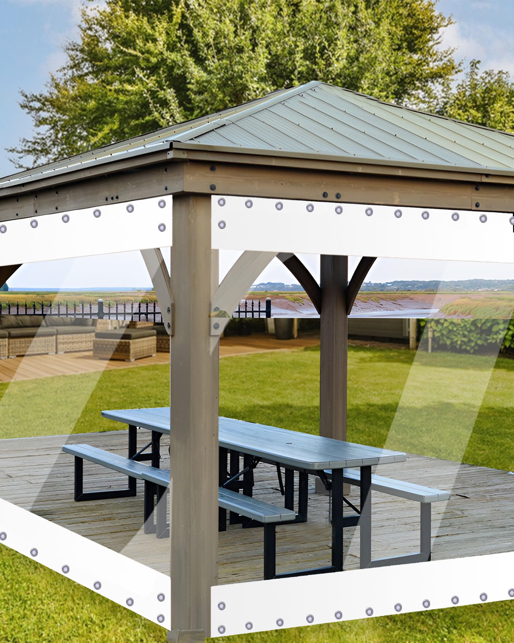 8'H x 7'W Heavy Duty Clear Vinyl Outdoor Curtains - 20oz Waterproof Transparent Tarp with Grommets for Patio, Gazebo, Balcony & Pergola | Perfect for Weather Protection, Privacy Screens & Outdoor Dining Areas