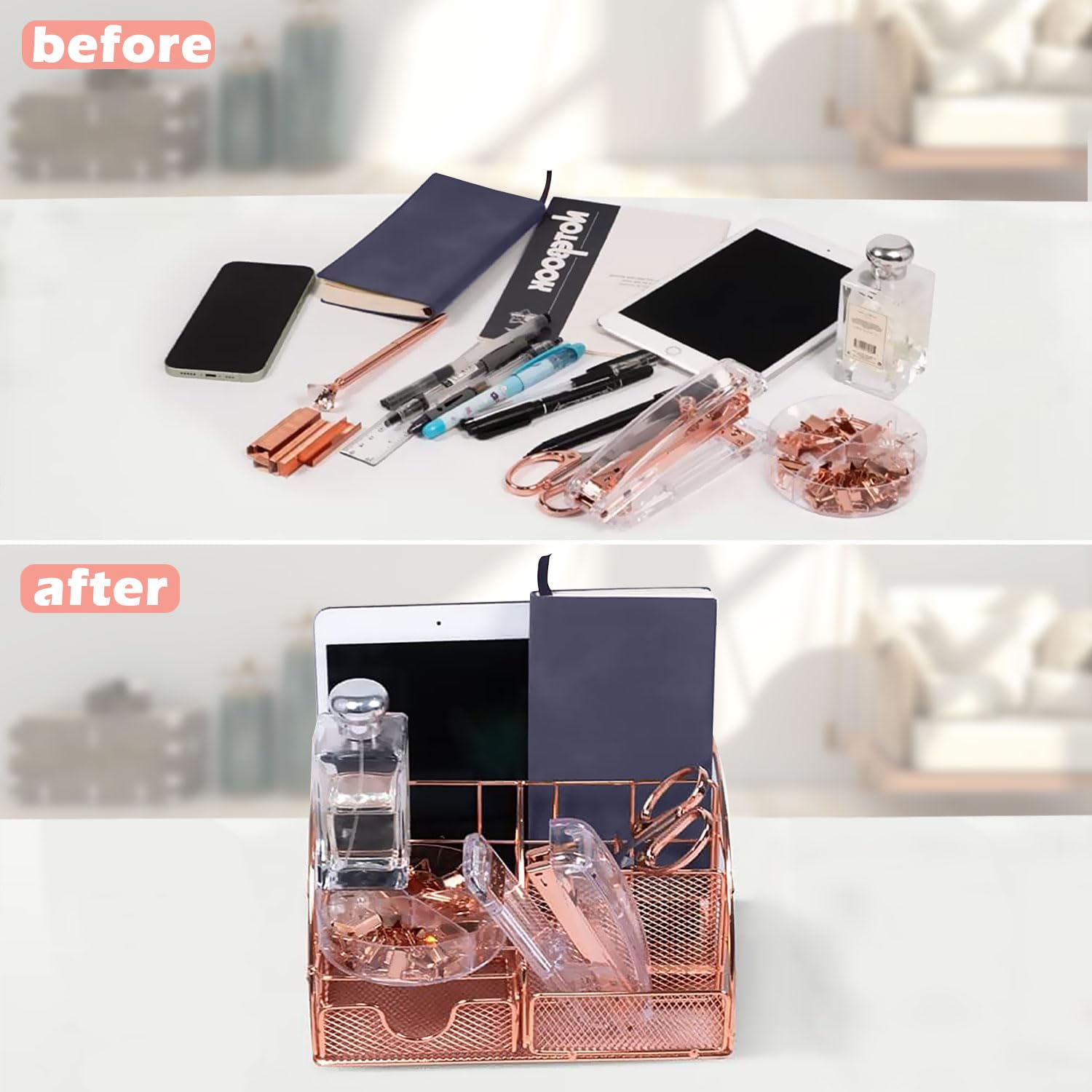 Rose Gold 13-Piece Office Desk Organizer Set - Acrylic Stapler, Staple Remover, Paper Clips, Scissors, Phone Stand, Pens & Pen Holder, Tape Dispenser - Perfect for Home Office, Workspace & School Organization