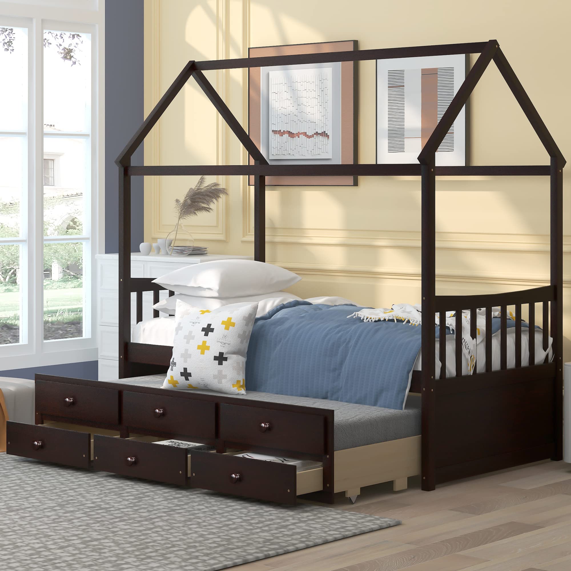 SOFTSEA Twin Size Wooden Captain's Bed with Storage Drawers & Trundle - Space Saving Daybed for Kids Bedroom, Guest Room & Small Spaces