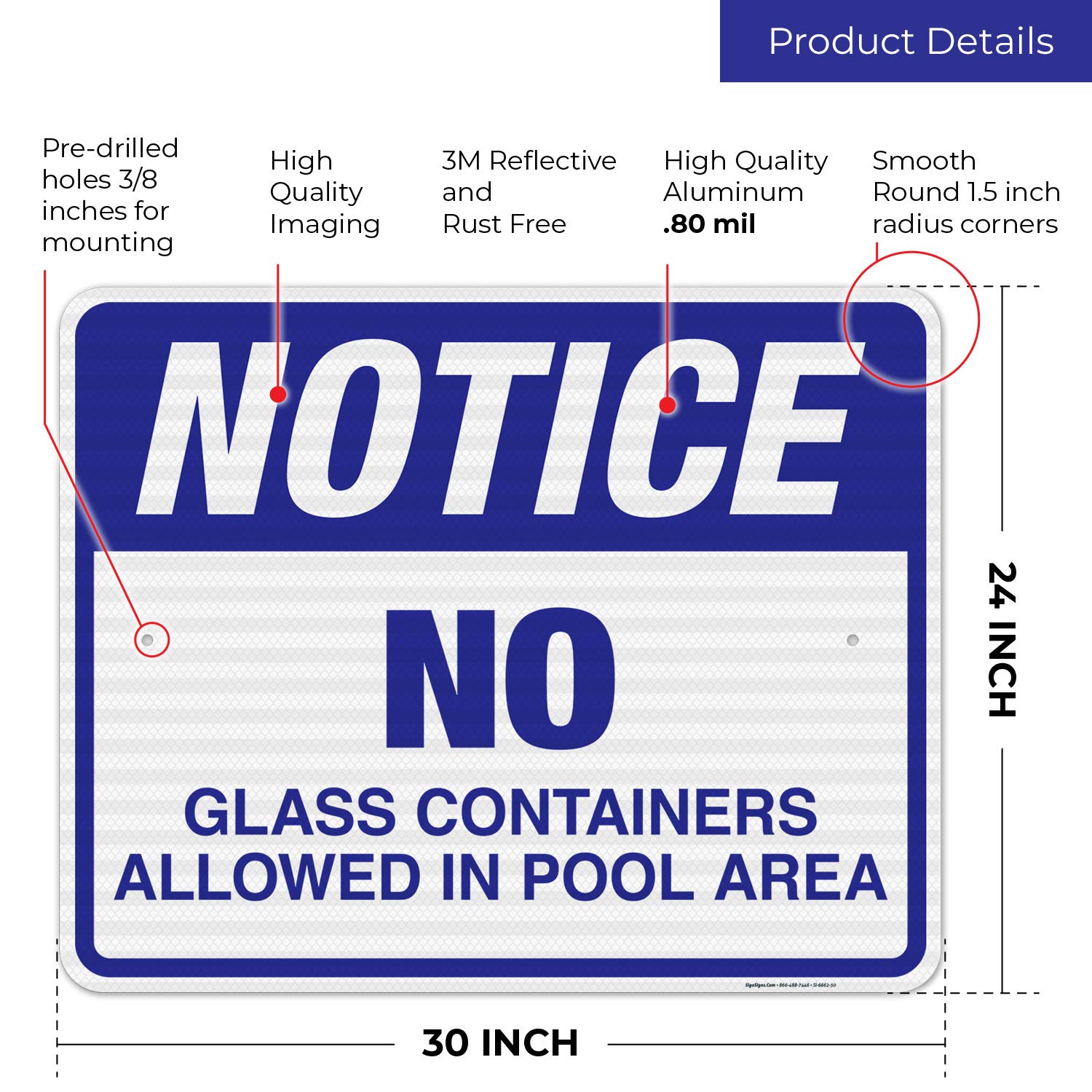 No Glass Containers Allowed Sign - 24x30 Inch Pool Area Warning Sign with 3M EGP Reflective .080 Aluminum, Fade Resistant for Indoor & Outdoor Use - Made in USA - Ideal for Swimming Pools, Water Parks and Public Recreation Areas