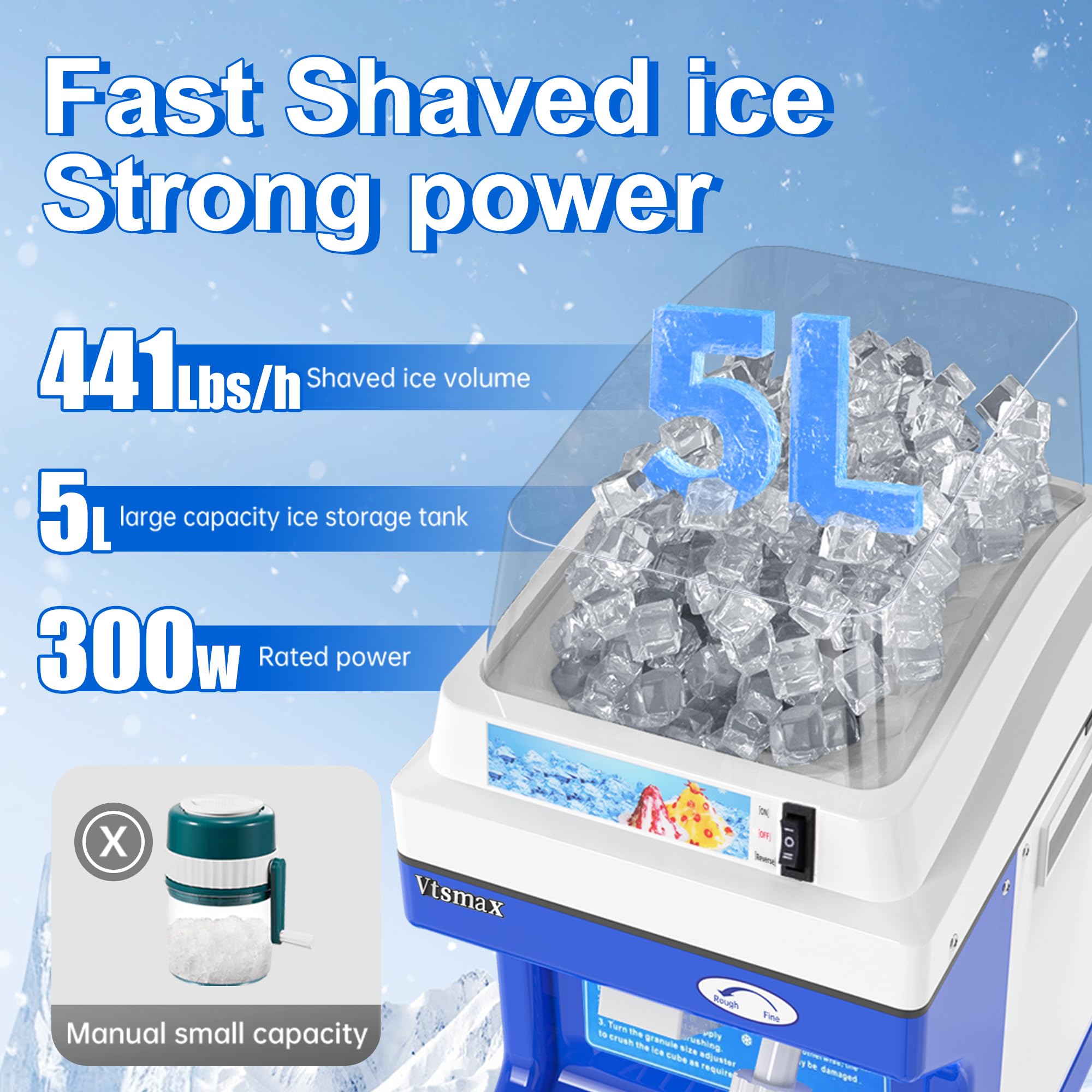 300W Electric Ice Shaver & Snow Cone Maker Machine - Adjustable Thickness, 441Lbs/Hr Commercial Ice Crusher for Bars, Parties, Home Use (Blue) - Perfect for Summer Drinks, Cocktails & Dessert Making