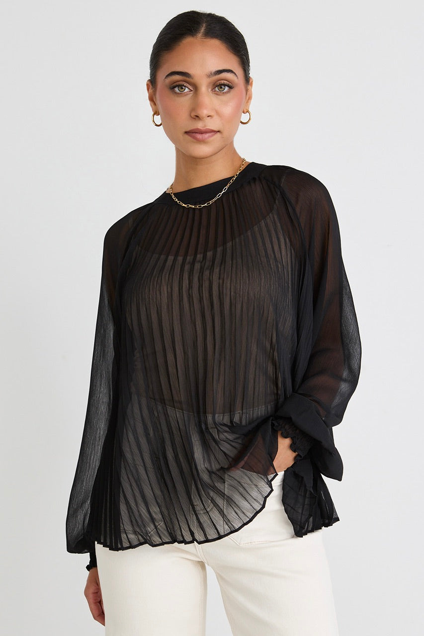 Black Sheer Pleated Swing Top for Women - Flowy Boho Blouse for Casual Wear & Date Night Outfits