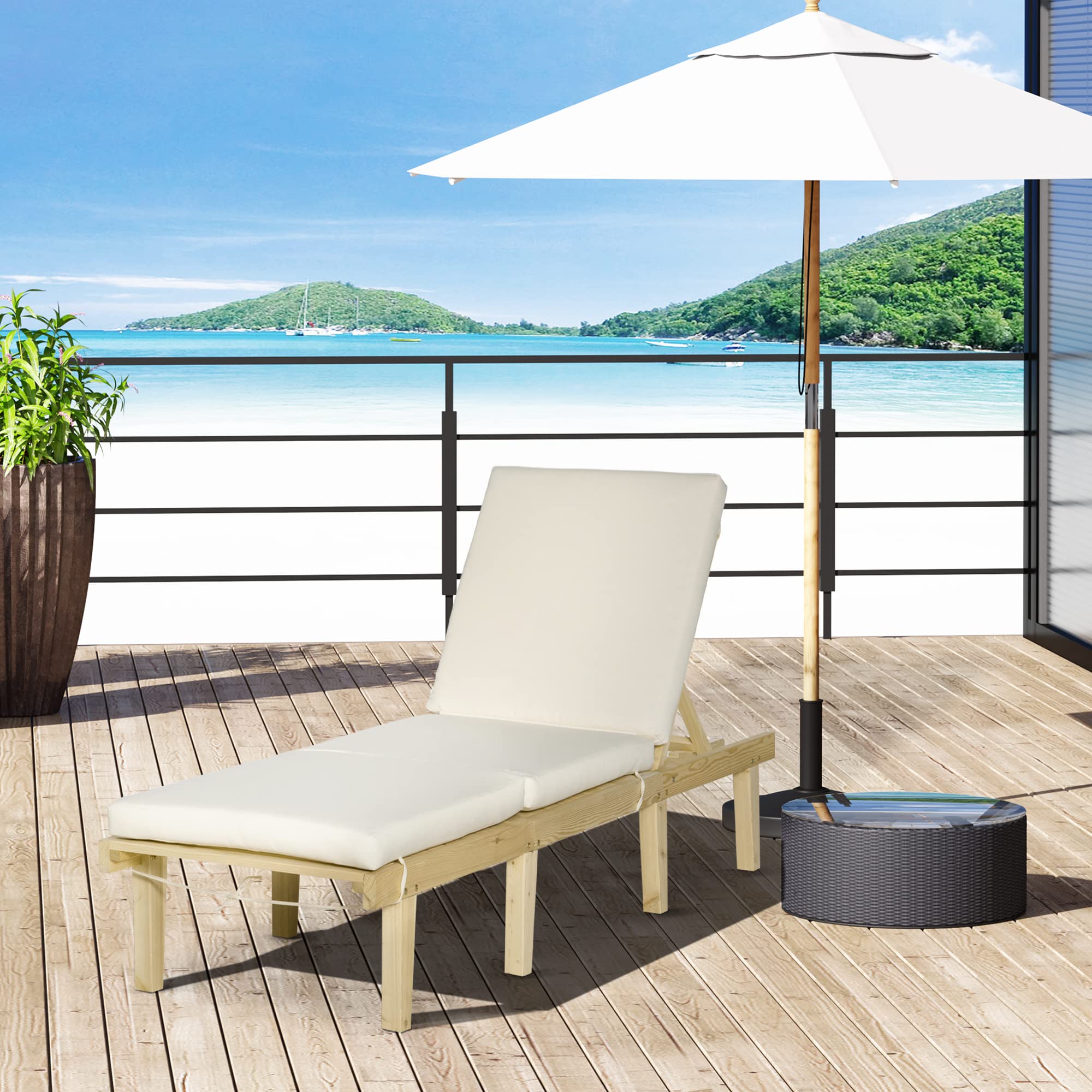Outsunny Adjustable Wooden Chaise Lounge Chair for Outdoor - 4-Position Reclining Patio Furniture with Cushion - Perfect for Poolside, Beach, Deck, Garden & Sunbathing Relaxation