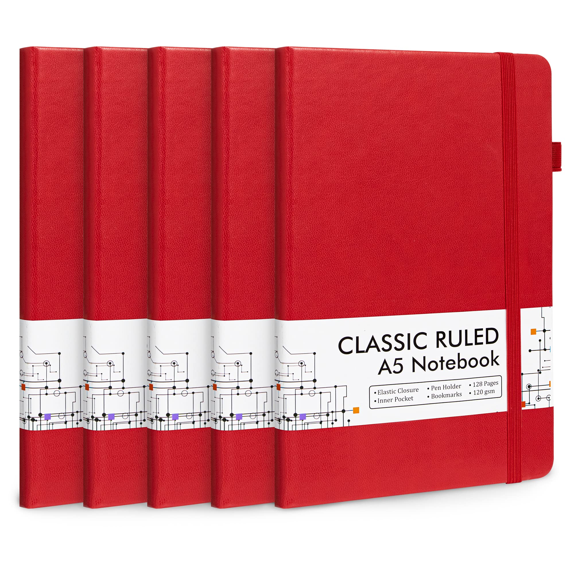 5-Pack Hardcover Ruled Lined Notebooks for School & Office - A5 Size (5.1