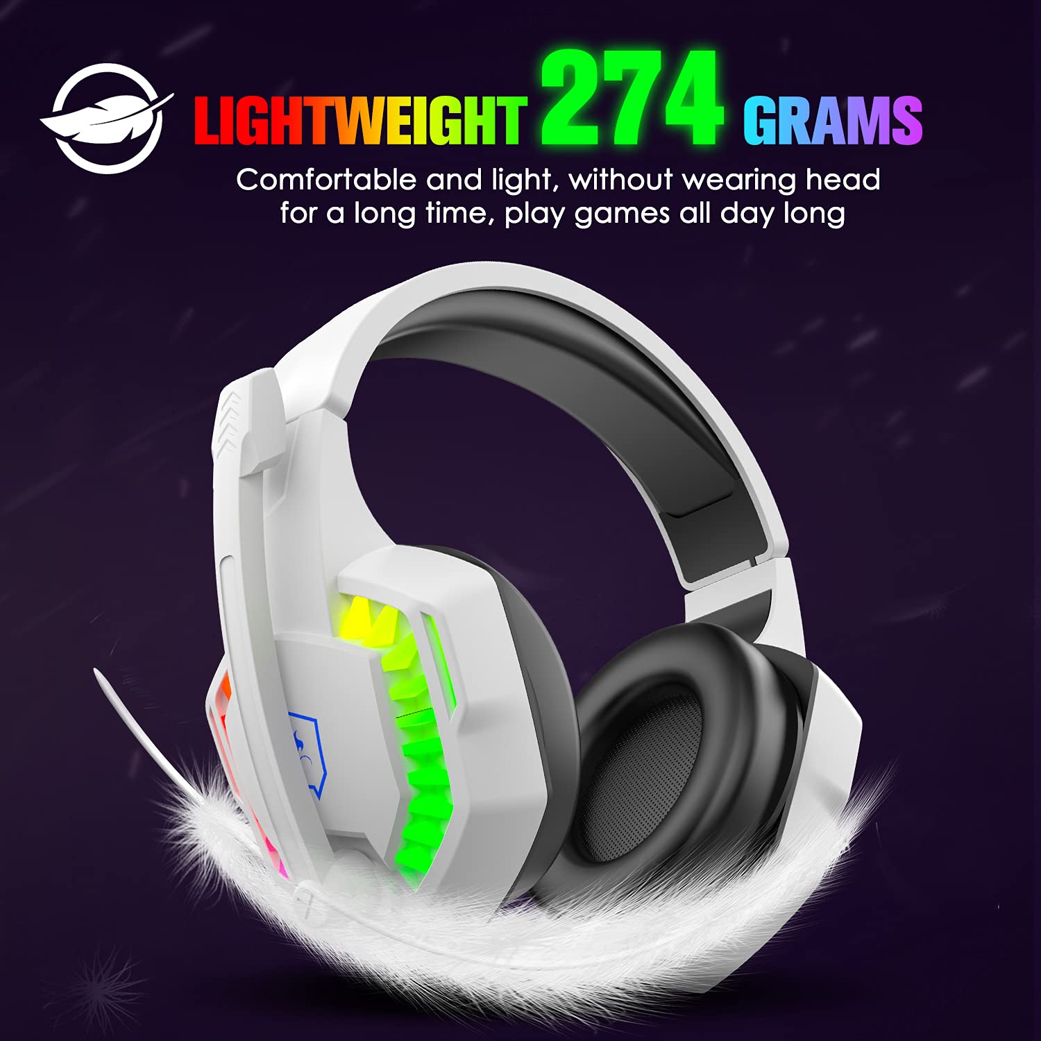 AJAZZ RGB Gaming Headset with Microphone - USB Wired PC Headphones for PS4, PS5, Laptop & Nintendo Switch - 3D Surround Sound, Noise Canceling Mic, Deep Bass & LED Backlight (White) - Perfect for Competitive Gaming & Online Streaming