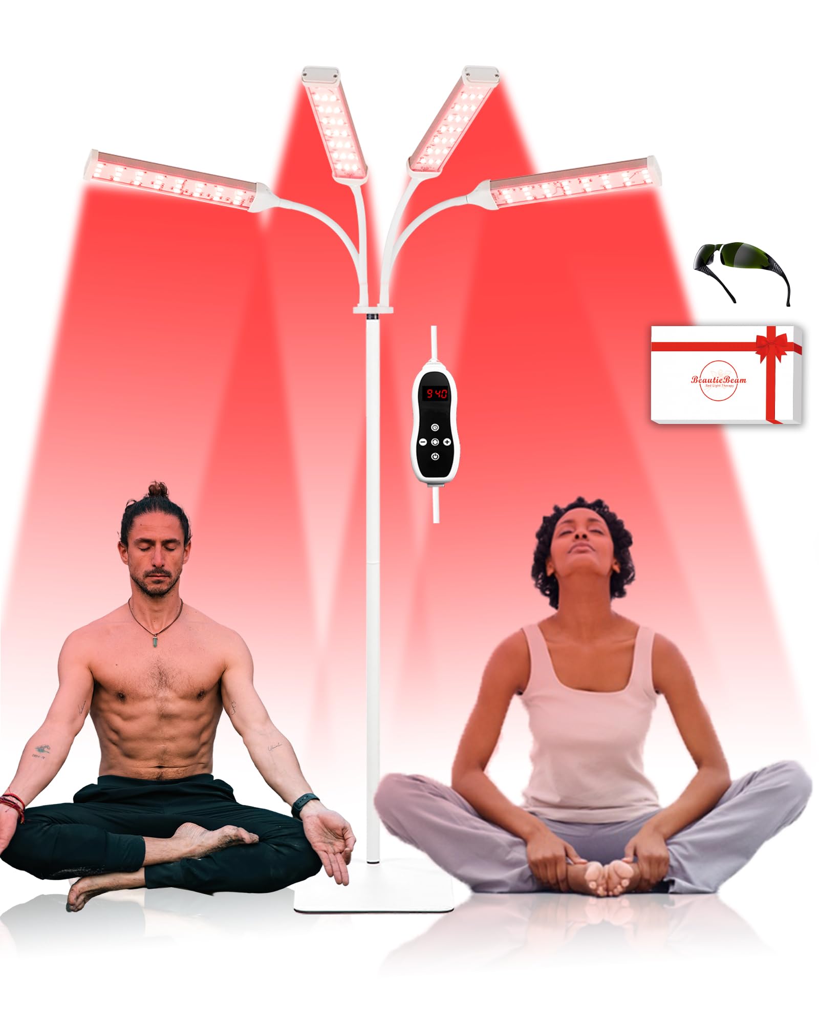Red Light Therapy Lamp with 660nm, 850nm & 940nm Infrared Light - Adjustable Stand & Timer for Pain Relief & Skin Rejuvenation - 4 LED Heads for Full Body Treatment - Perfect for Home Spa, Muscle Recovery & Anti-Aging Care
