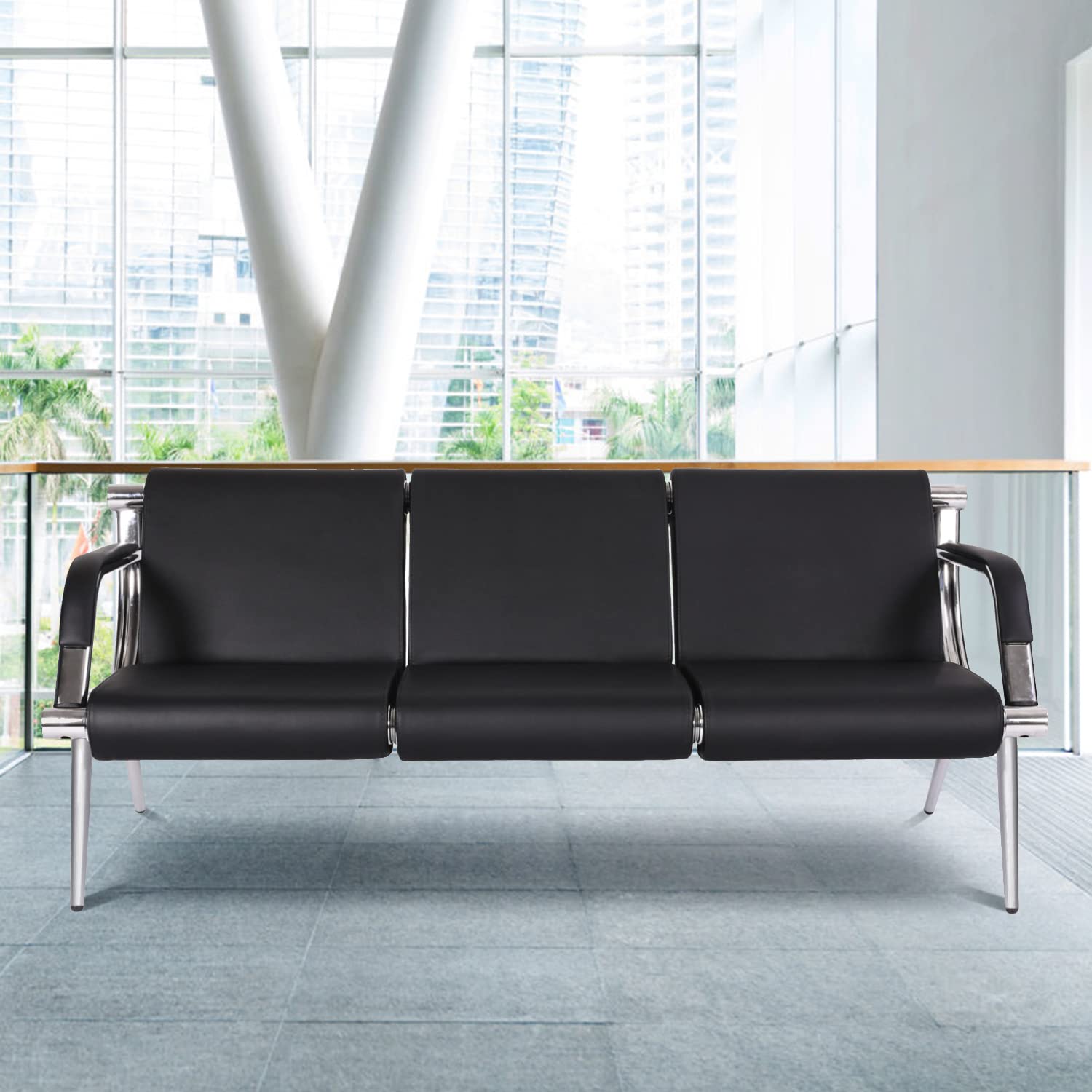 Black PU Leather Waiting Room Chairs - 3-Seat Reception Bench with Armrests for Airport, Hospital, Bank, Salon & Barber Shop | Durable & Comfortable Seating Solution for High-Traffic Areas