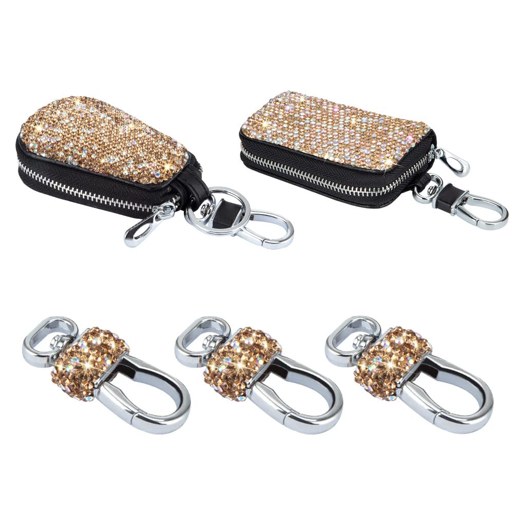 5-Pack Gold Leather Car Key Case with Metal Hook & Keyring - Bling Crystal Keychain Holder for Remote Key Fob, Zipper Pouch Bag - Perfect for Women's Handbags, Purse Charms & Auto Key Organization (Gold)
