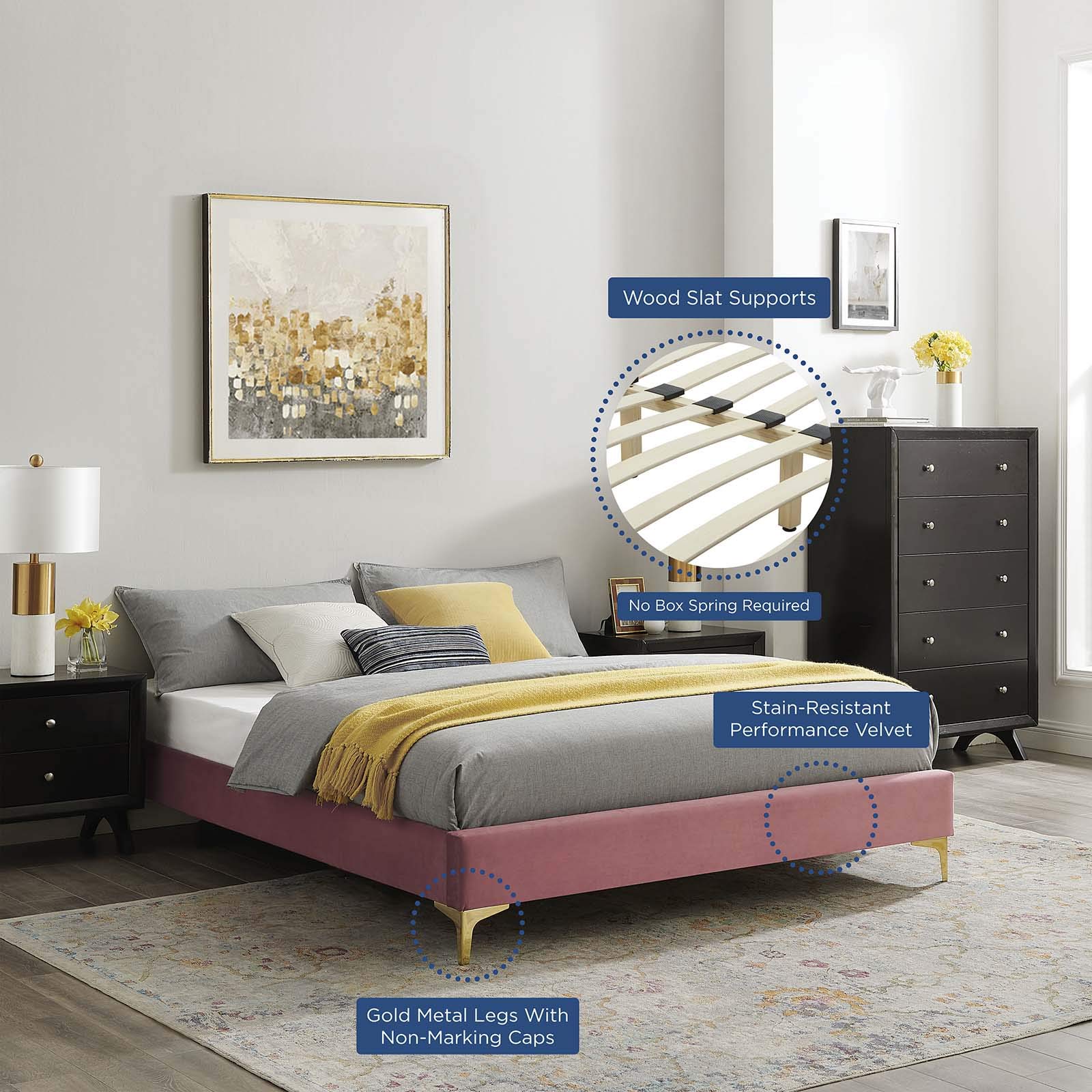 Modway MOD-6275-DUS Sutton Queen Size Bed Frame with Performance Velvet Upholstery in Dusty Rose - Luxurious Bedroom Furniture for Modern Home Decor