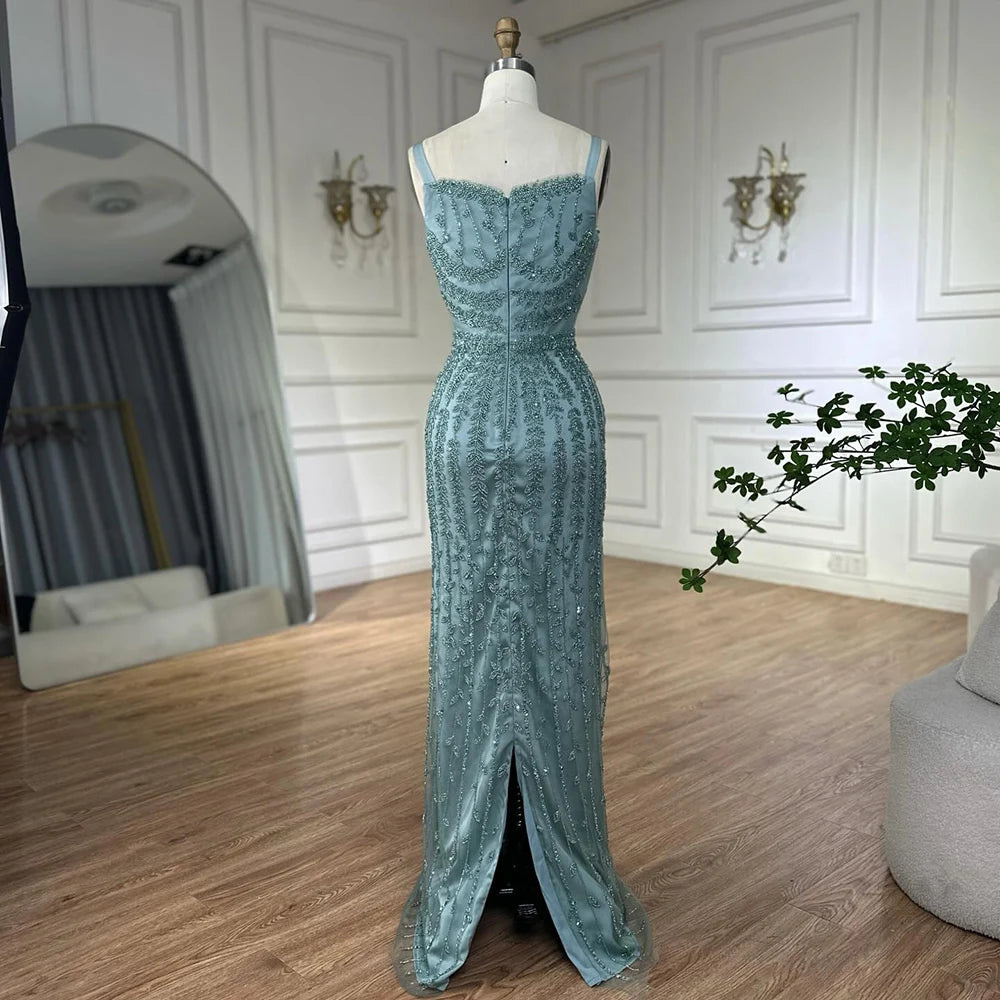 Luxury Dubai Arabic Blue Spaghetti Strap Mermaid Gown - Beaded Saudi Evening Dress for Formal Occasions, Weddings, Prom & Special Events LA72725
