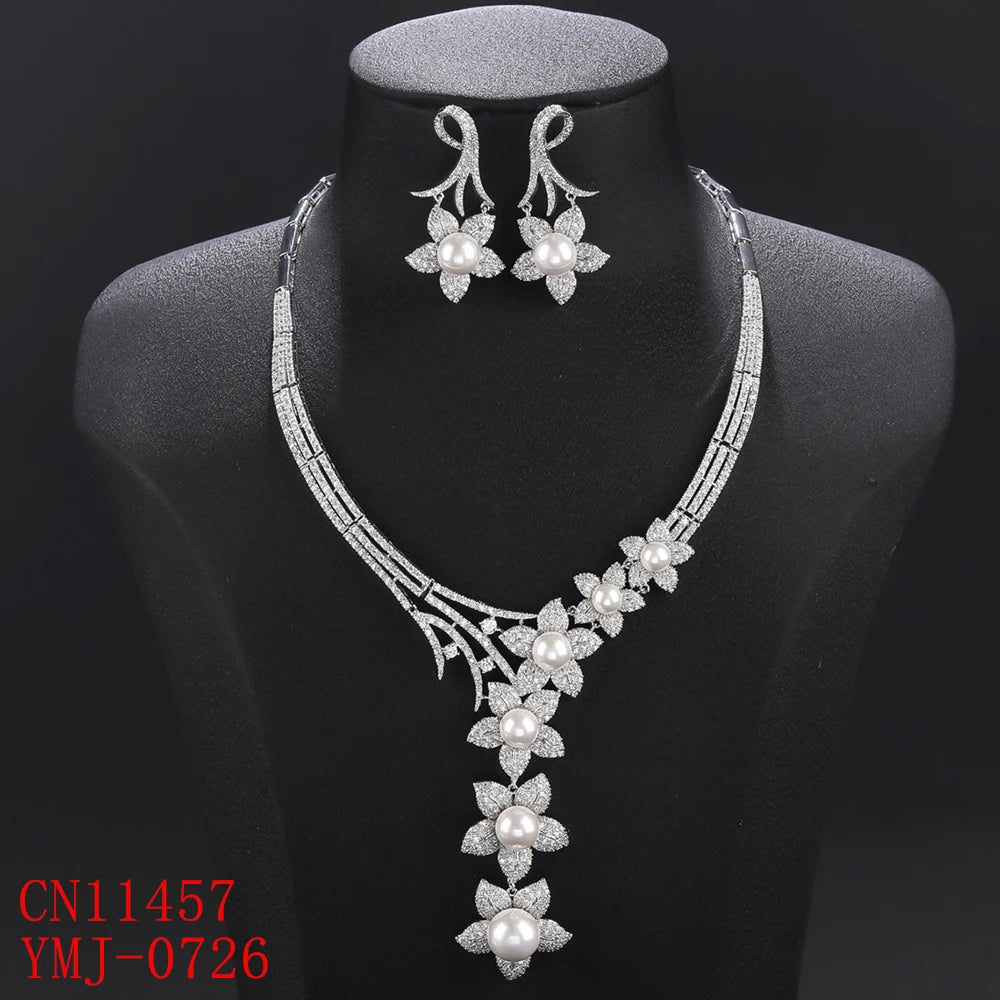 Luxury 2-Piece Cubic Zirconia Pearl Flower Necklace & Earrings Set for Women - Elegant Wedding, Party & Evening Jewelry - Perfect for Bridal, Prom & Special Occasions