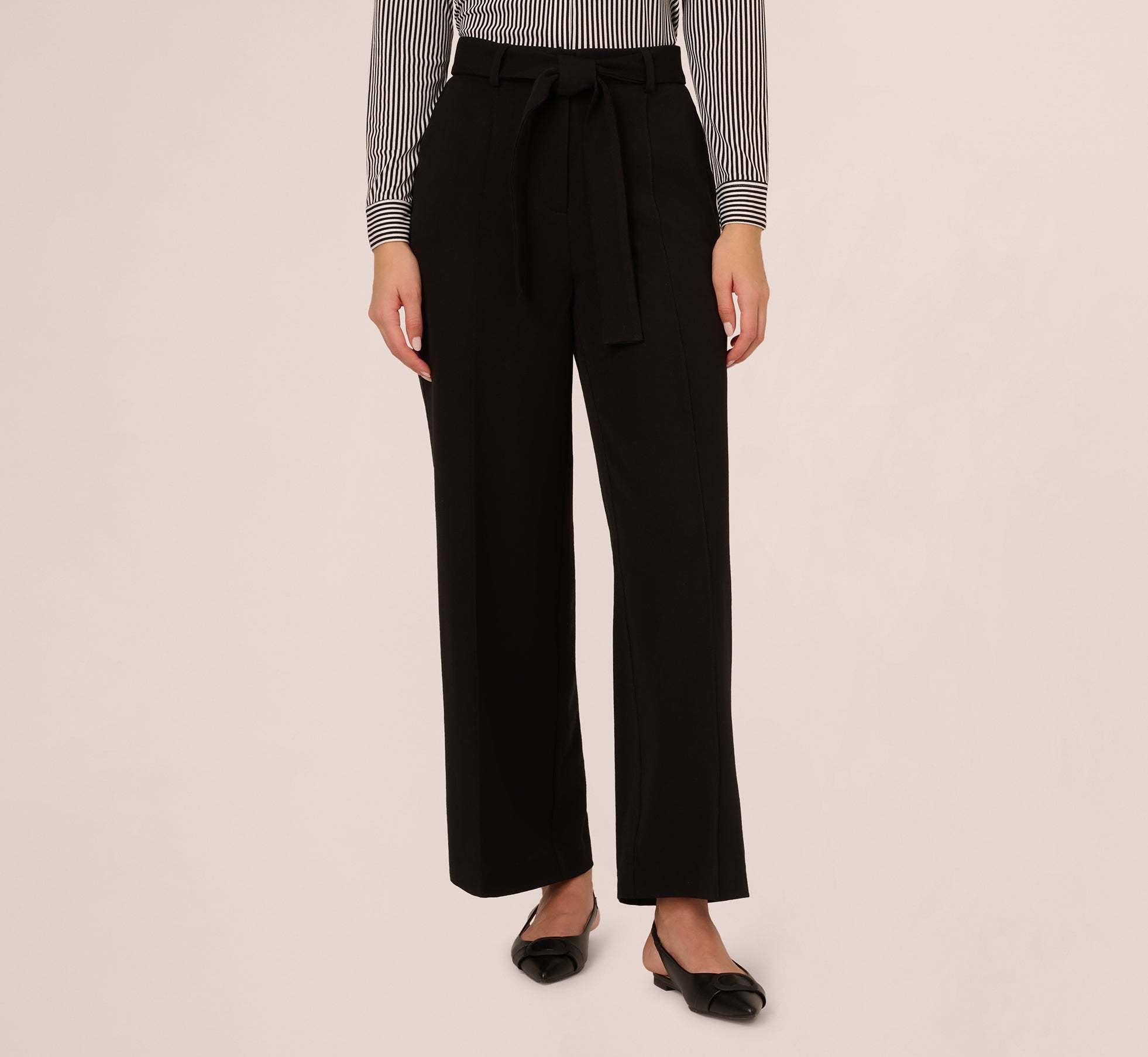 Black Twill Zip Fly Belted Wide Leg Pants for Women - Comfortable & Stylish High Waist Trousers for Work, Office, and Casual Wear
