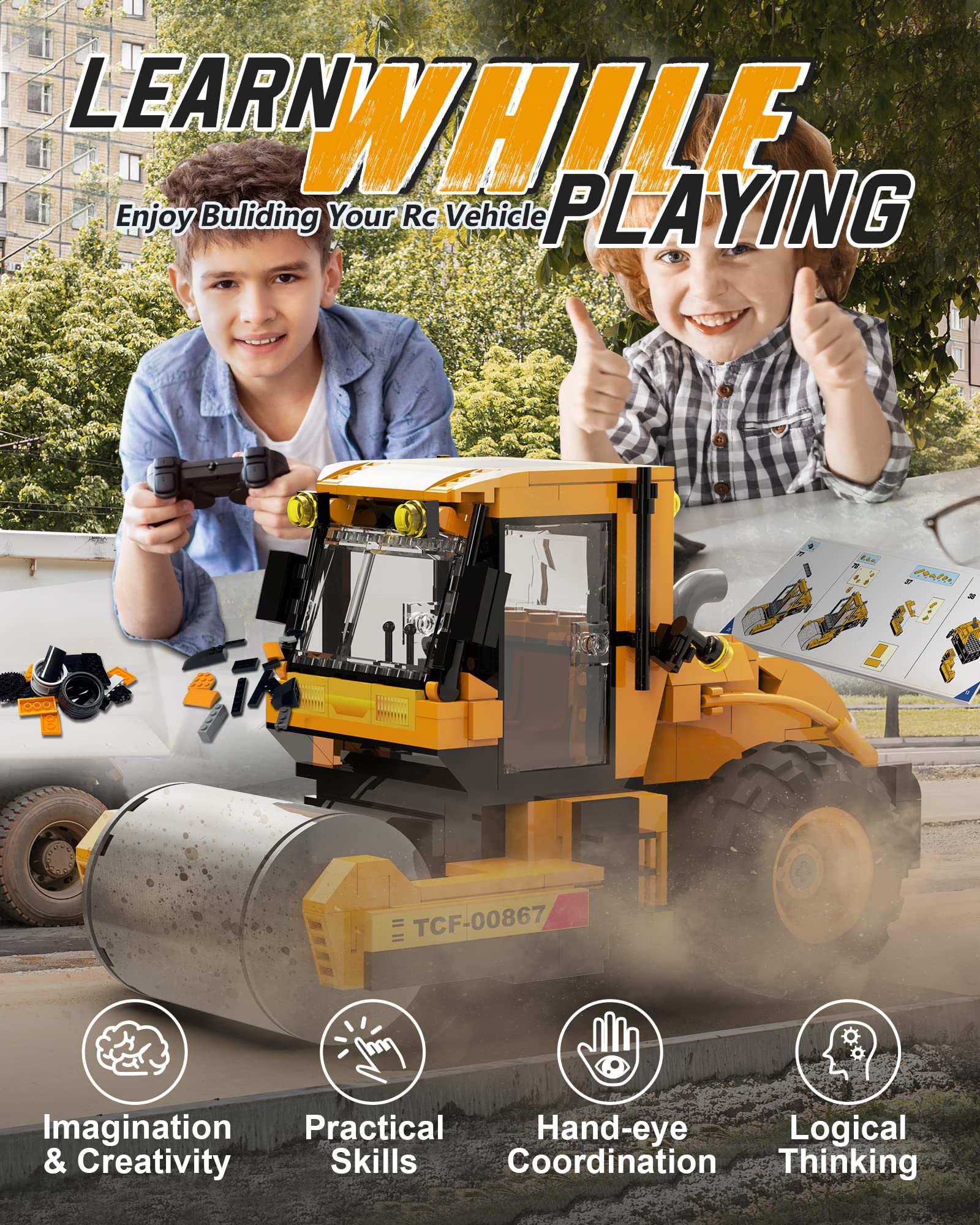 STEM Building Toys for Kids Ages 8+ | 369-Piece Remote Control Construction Kit with 2.4GHz RC Road Roller | Educational Engineering Toy & Birthday Gift for Boys & Girls | Perfect for Creative Play, STEM Learning & Indoor/Outdoor Activities