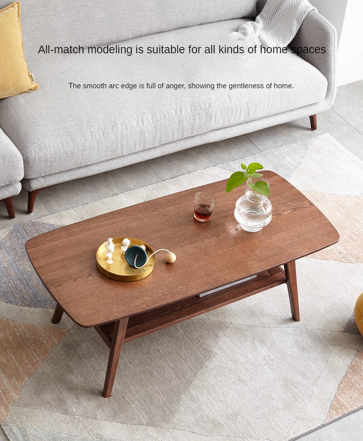Solid Oak Wood Walnut Finish Double Layer Coffee Table - Modern Living Room Furniture for Home Decor & Small Space