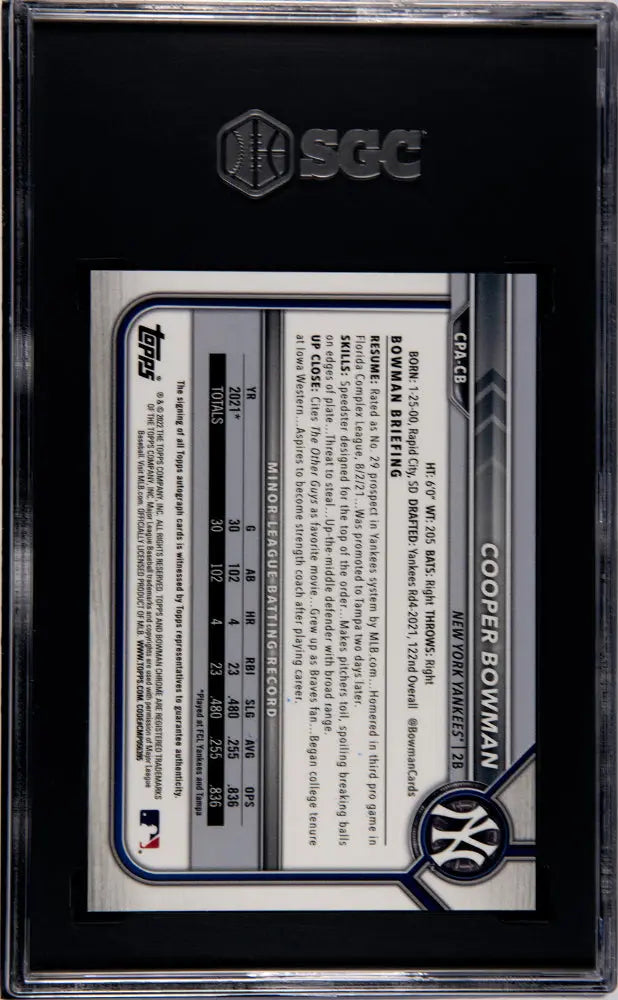 2022 1st Bowman Chrome Cooper Bowman Prospect Auto SGC 10 #CPA CB - Rare Baseball Card for Collectors & Investors - Perfect for Display, Trading, and Portfolio Growth