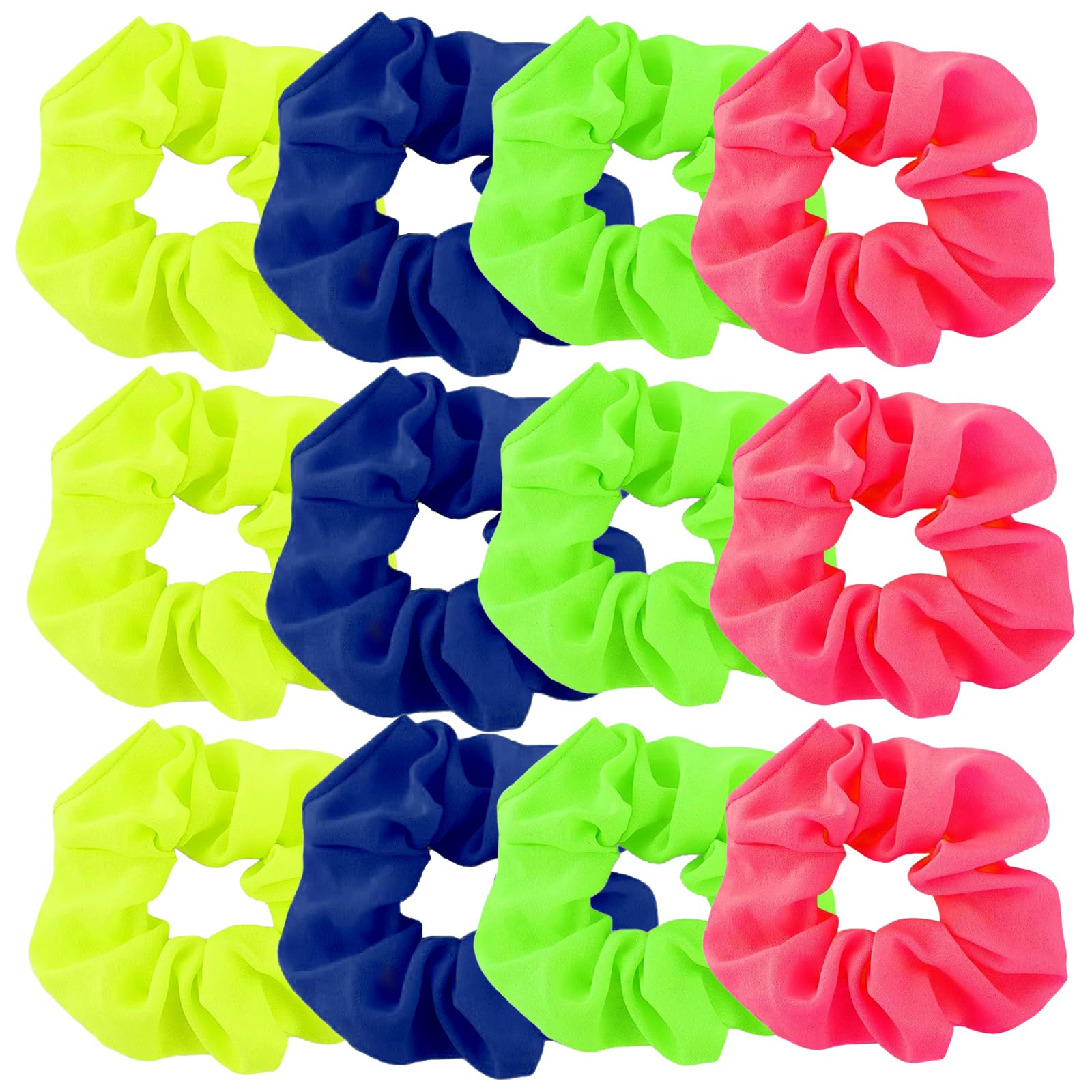 80s 90s Style Neon Hair Scrunchies - 12 Pack Elastic Hair Ties for Women & Girls (Yellow, Green, Pink, Blue) | Perfect for Workouts, Yoga, School & Retro Fashion Accessories